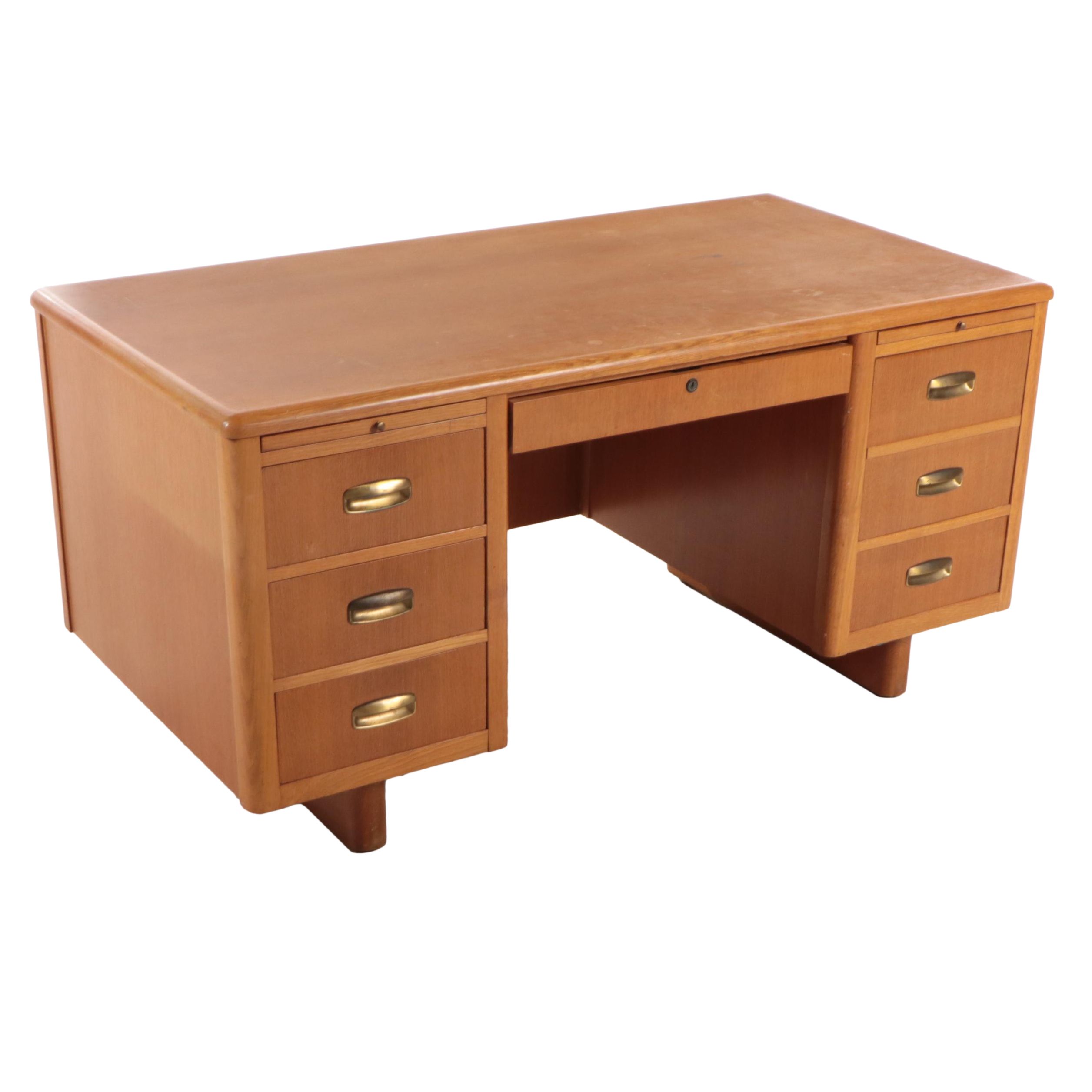 The Jasper Desk Co. Oak Double-Pedestal Desk, Mid-20th Century
