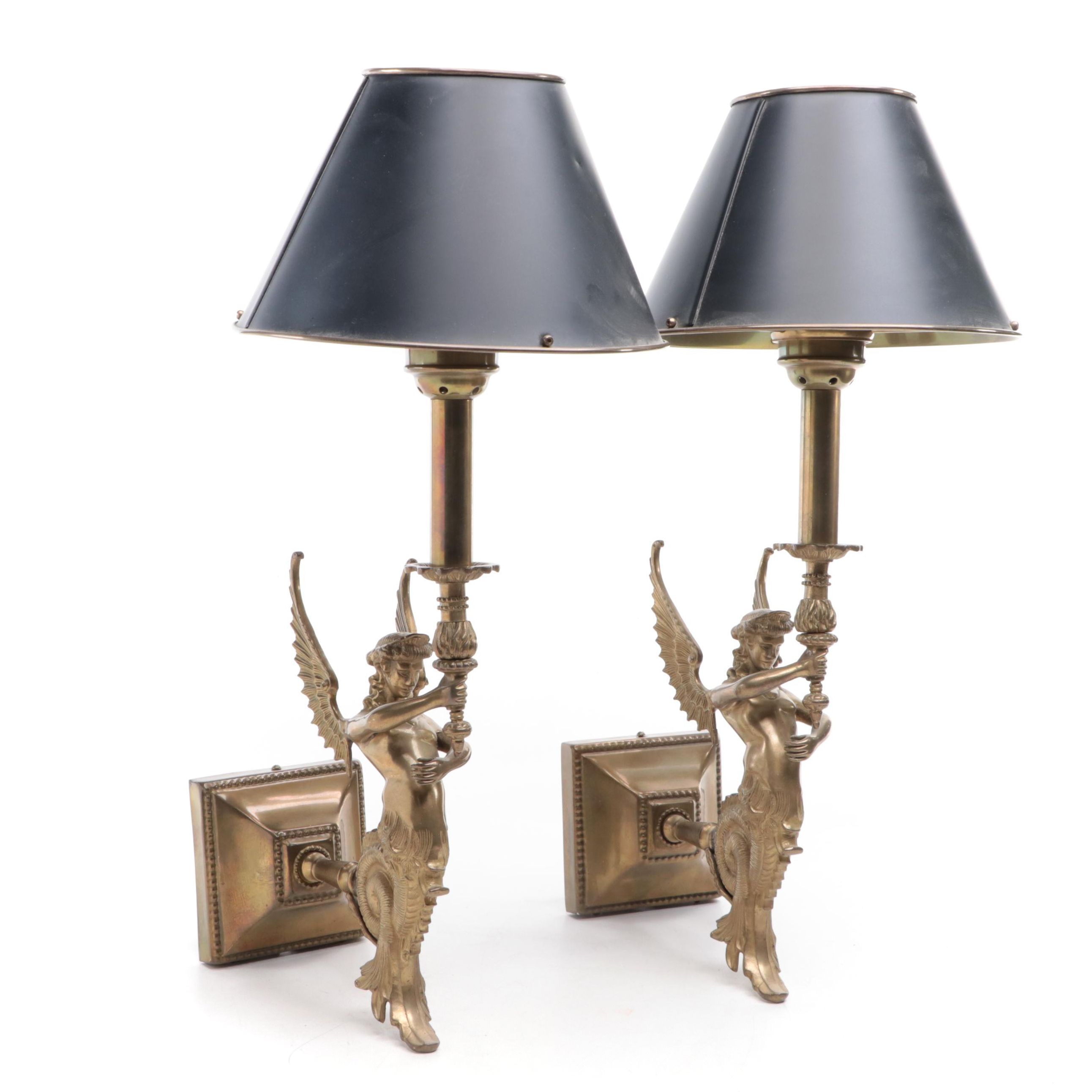 French Empire Style Melusine Brass Candlestick Wall Sconces With Black Shades