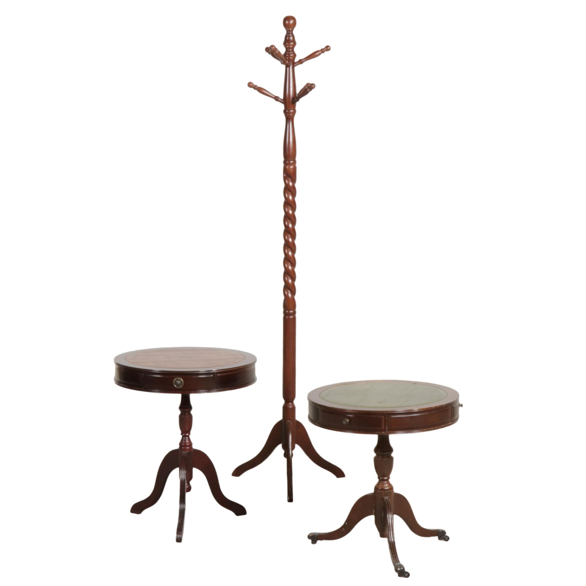 Two Mahogany Drum Style Side Tables with Wood Coat Rack