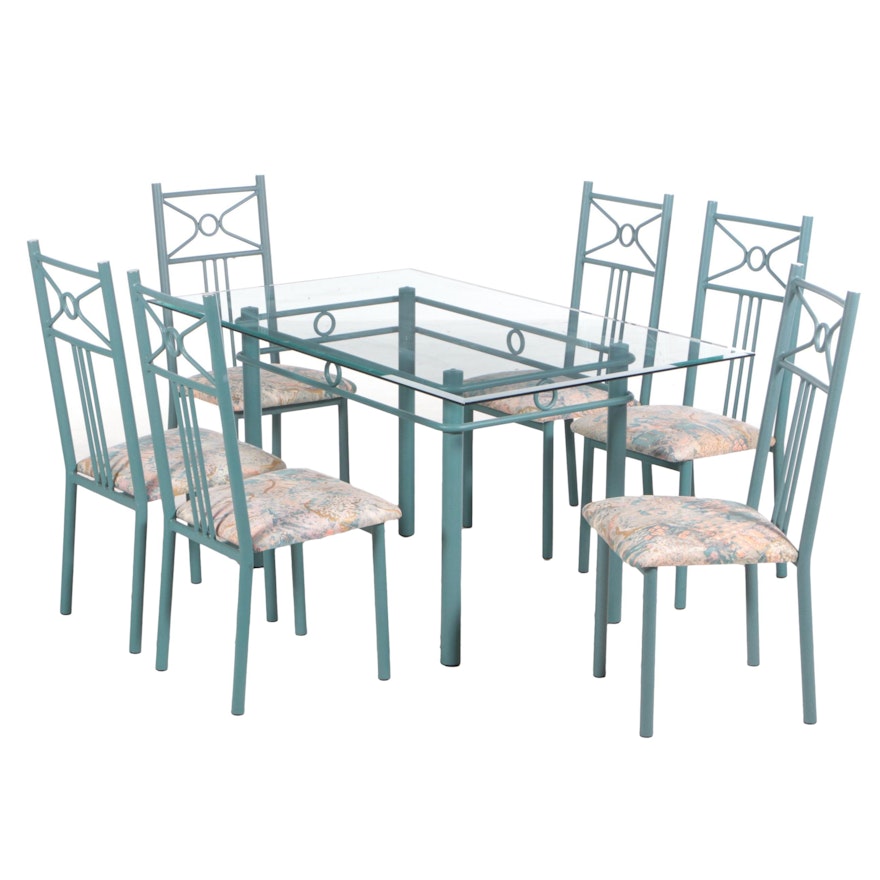 Seven-Piece Post Modern Green Powder-Coated Metal and Glass Top Dining Set