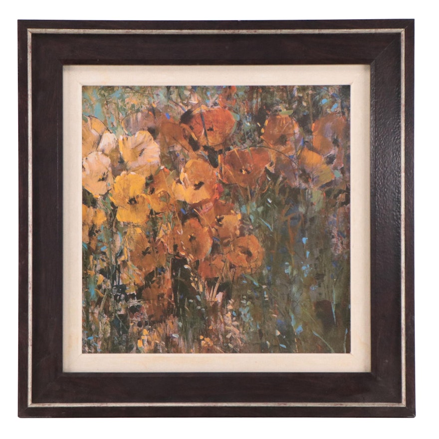 Embellished Offset Lithograph of Yellow Poppies