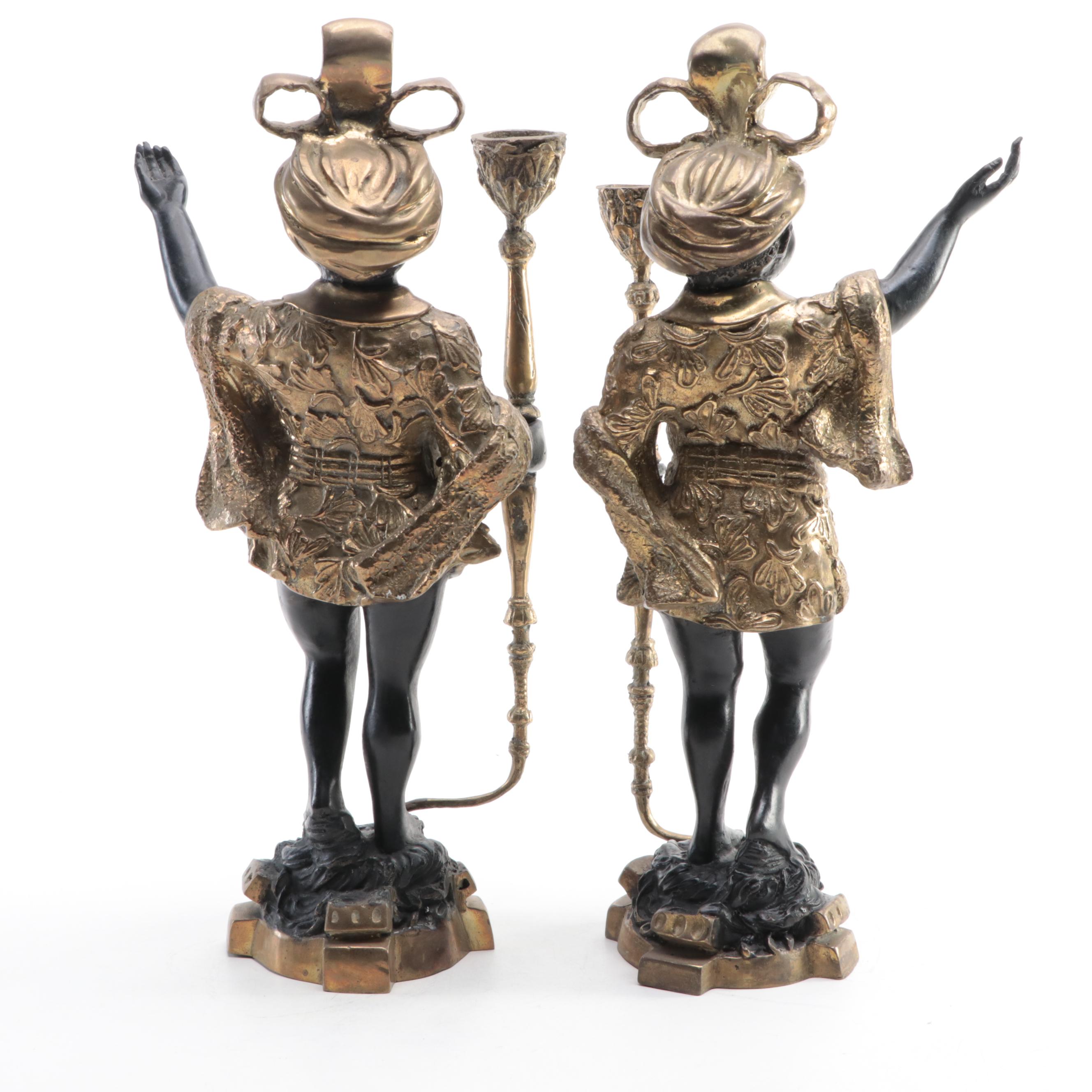 Pair of French Ebonized and Gilt Bronze Moor Figural Candle Holders
