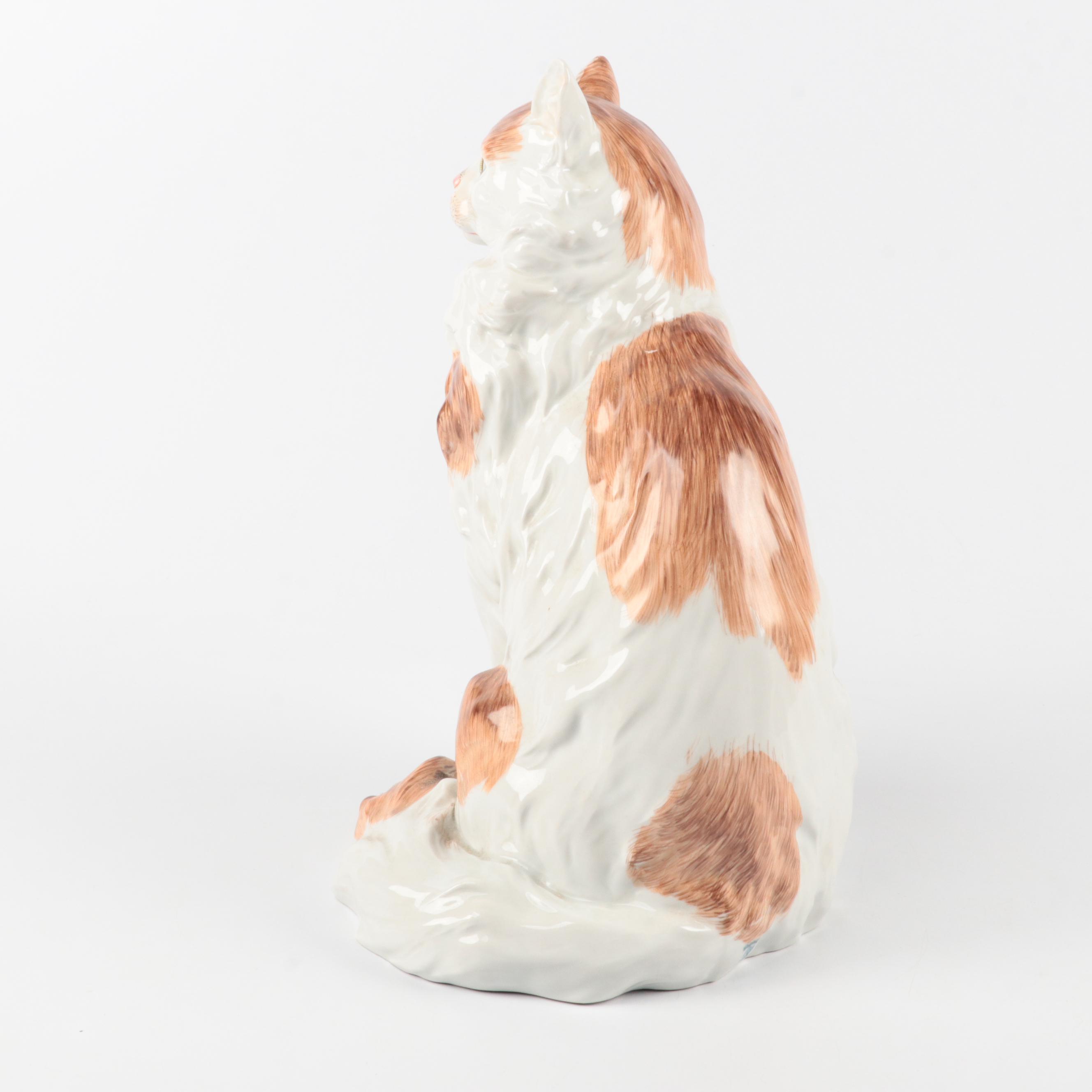 Dresden Hand-Painted Porcelain Cat Figurine, Mid to Late 20th Century