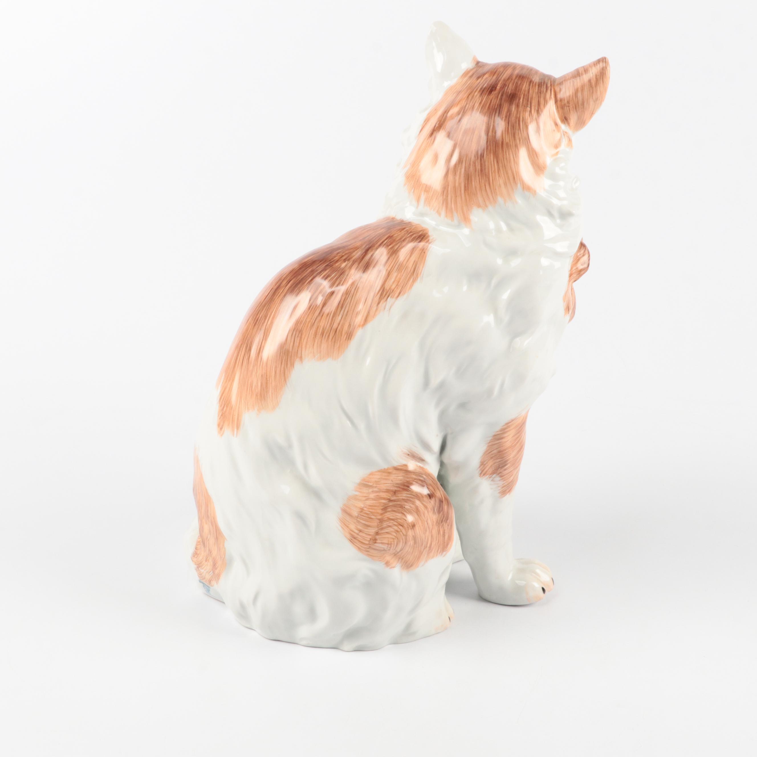 Dresden Hand-Painted Porcelain Cat Figurine, Mid to Late 20th Century