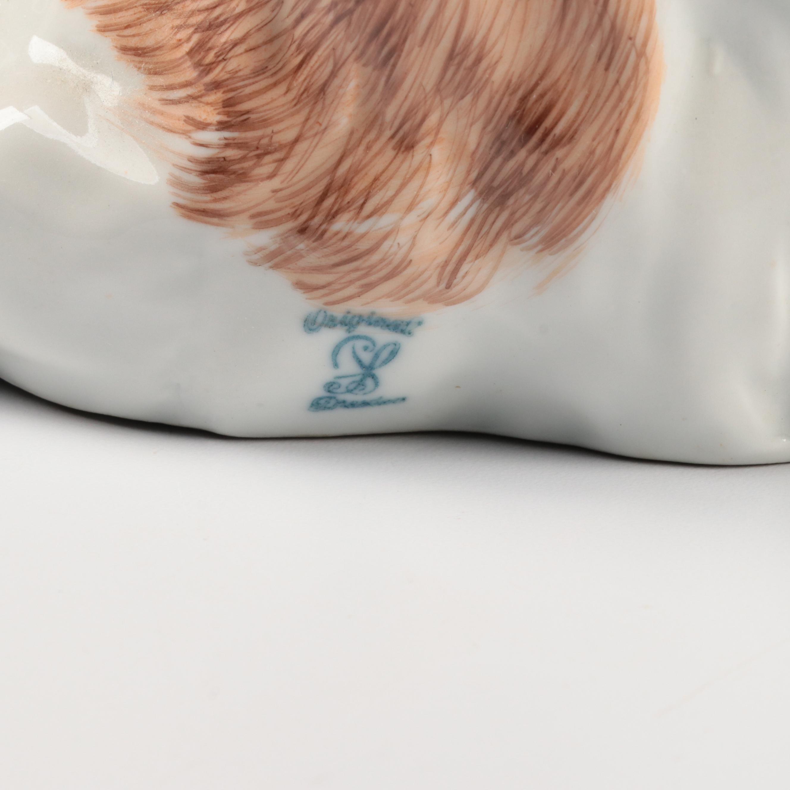 Dresden Hand-Painted Porcelain Cat Figurine, Mid to Late 20th Century