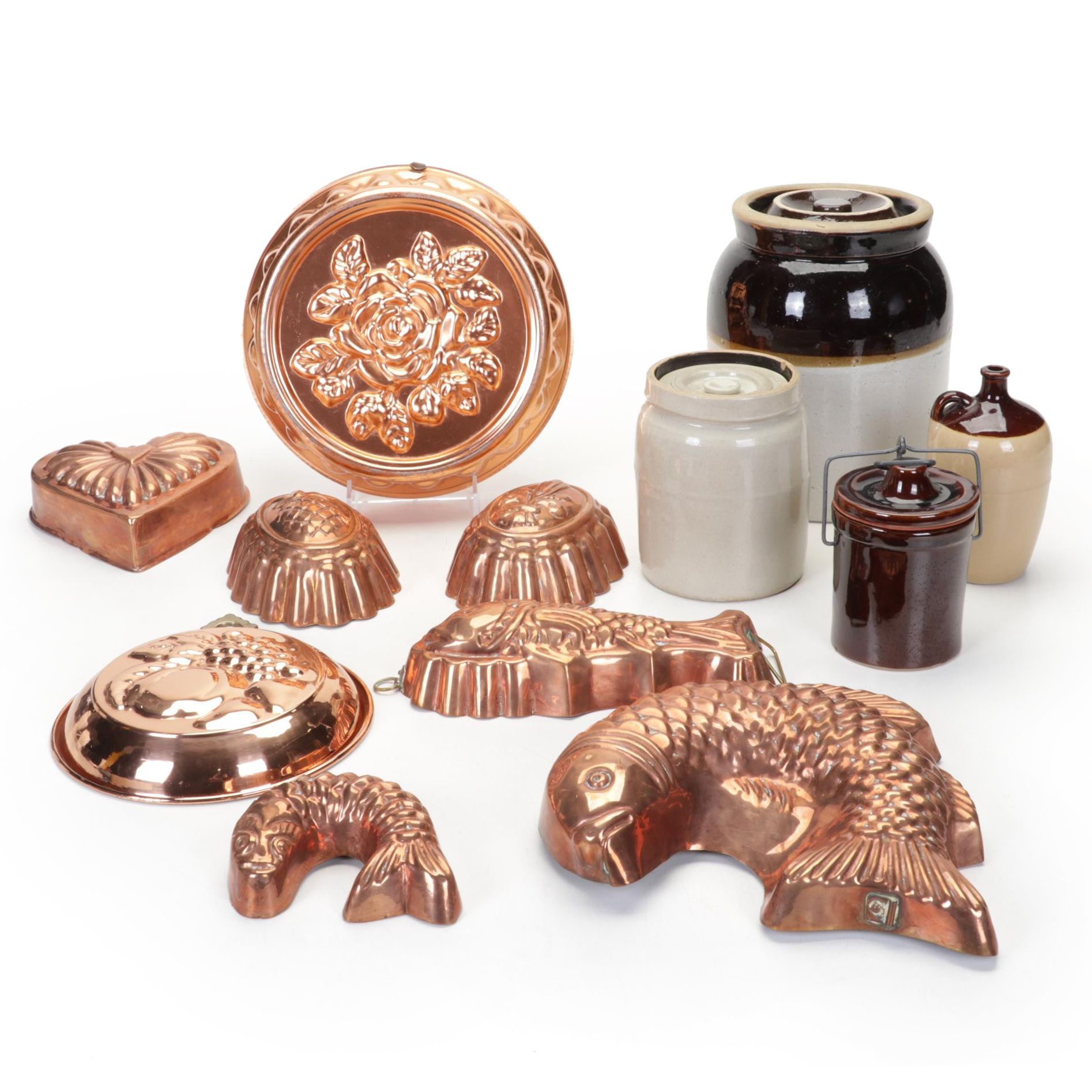 Stoneware Crocks and Jug with Copper Molds, 20th Century