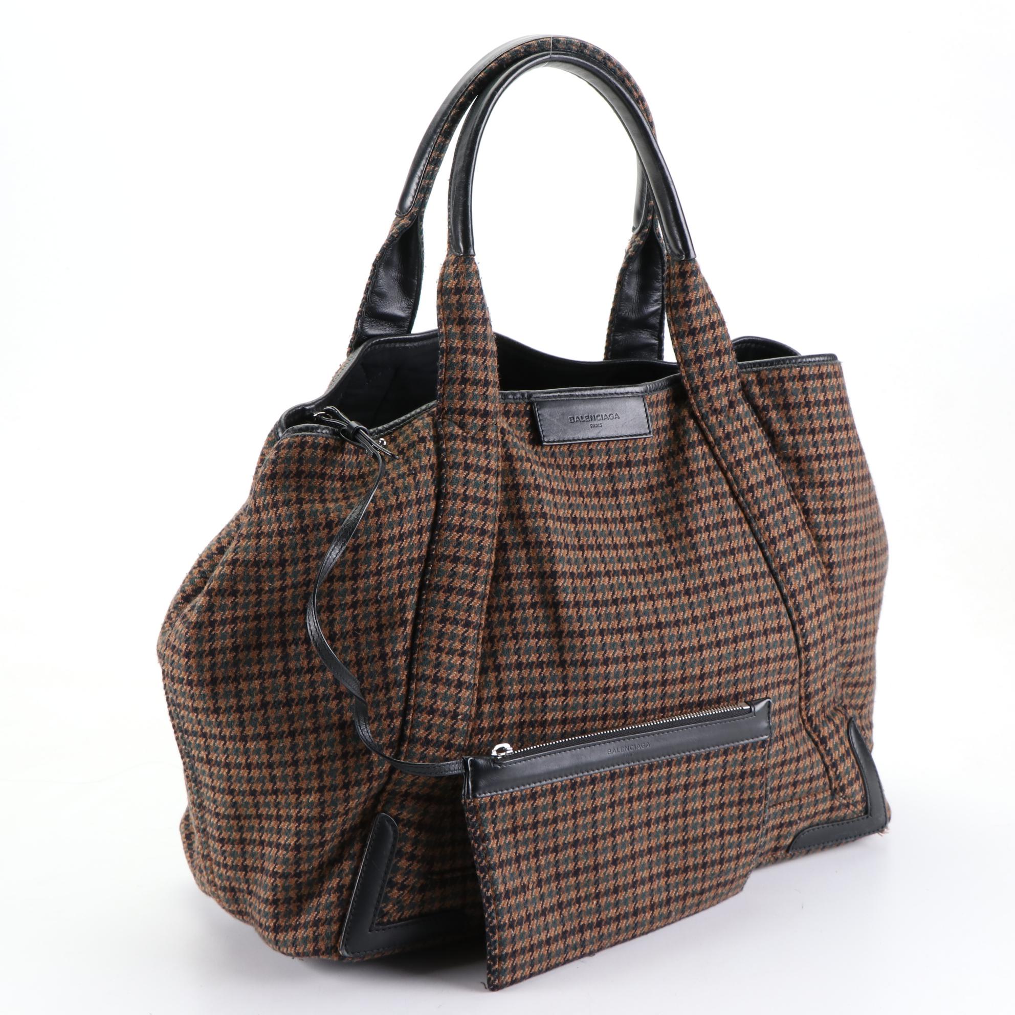 Balenciaga Cabas Tote Bag with Pouch in Houndstooth Wool and Leather