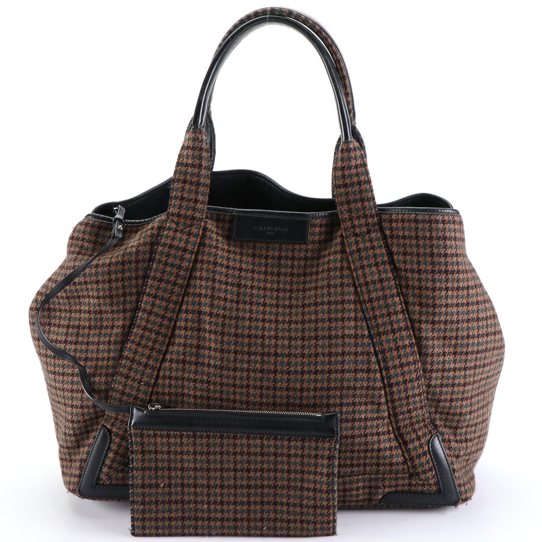 Balenciaga Cabas Tote Bag with Pouch in Houndstooth Wool and Leather
