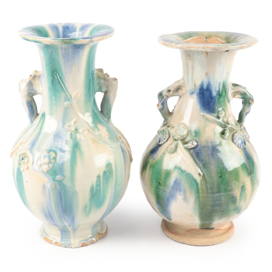 Chinese Mottled Glaze Stoneware Handled Vases with Applied Decorations
