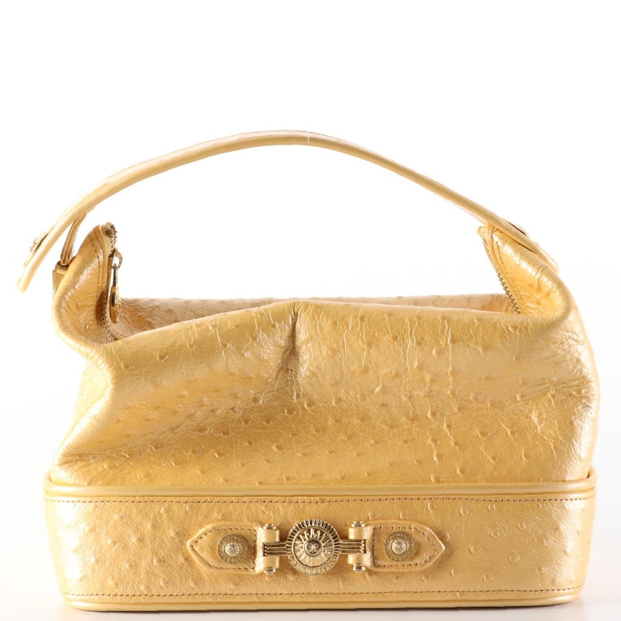 Versace Top Handle Vanity Bag in Golden Ostrich Embossed Leather