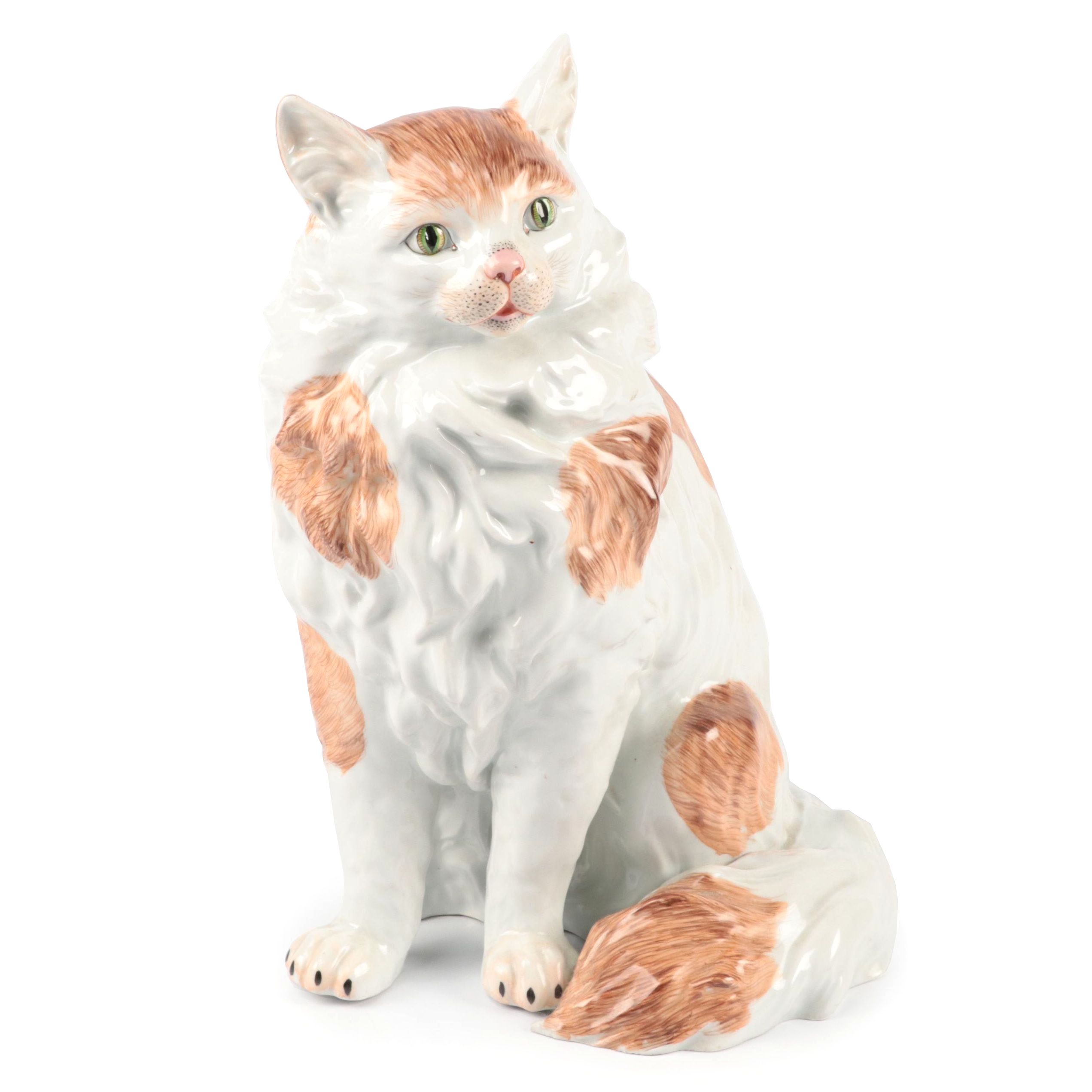 Dresden Hand-Painted Porcelain Cat Figurine, Mid to Late 20th Century