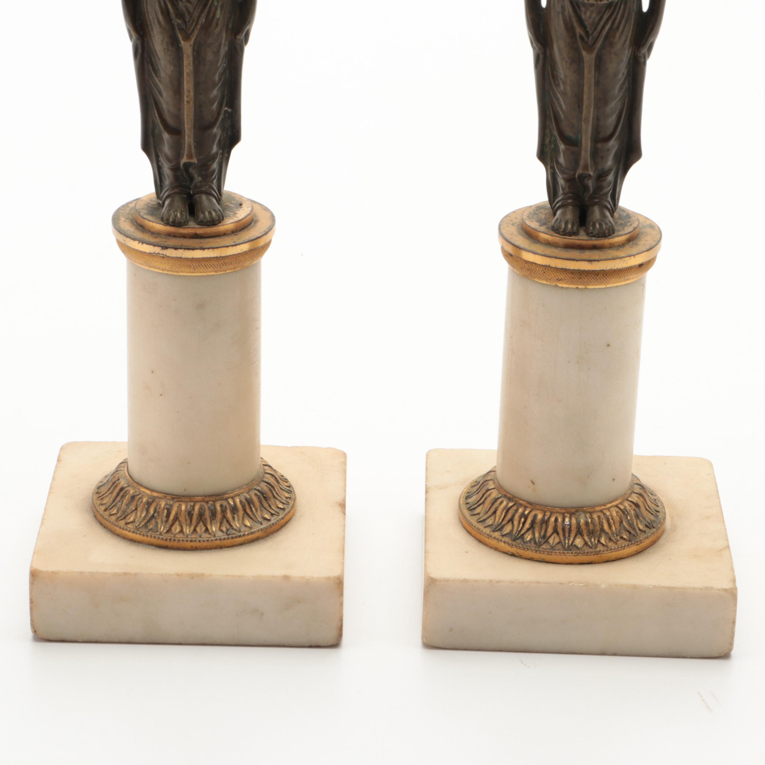 Neoclassical Style Figural Marble and Metal Candlesticks, Late 19th/Early 20th C
