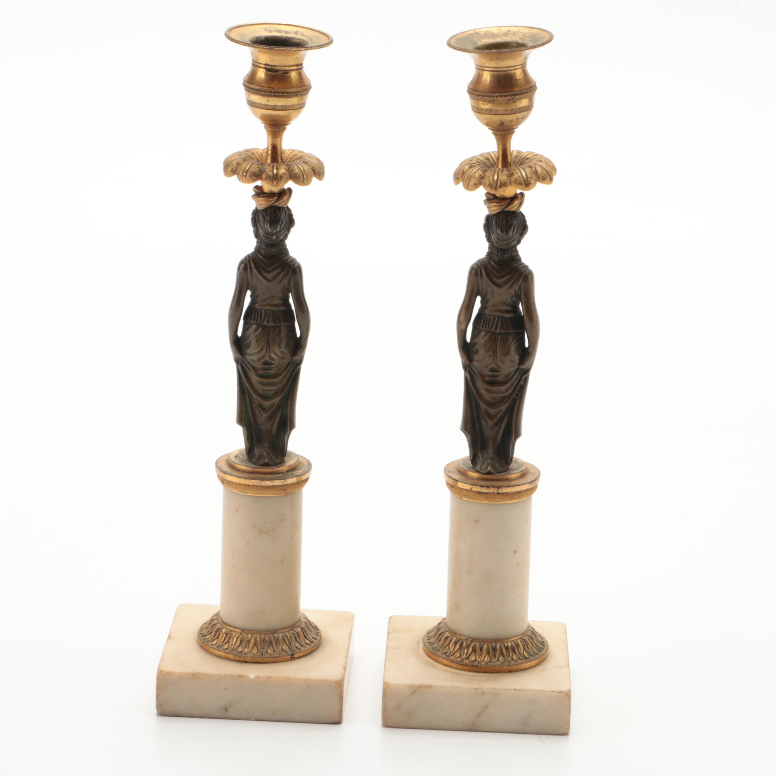 Neoclassical Style Figural Marble and Metal Candlesticks, Late 19th/Early 20th C