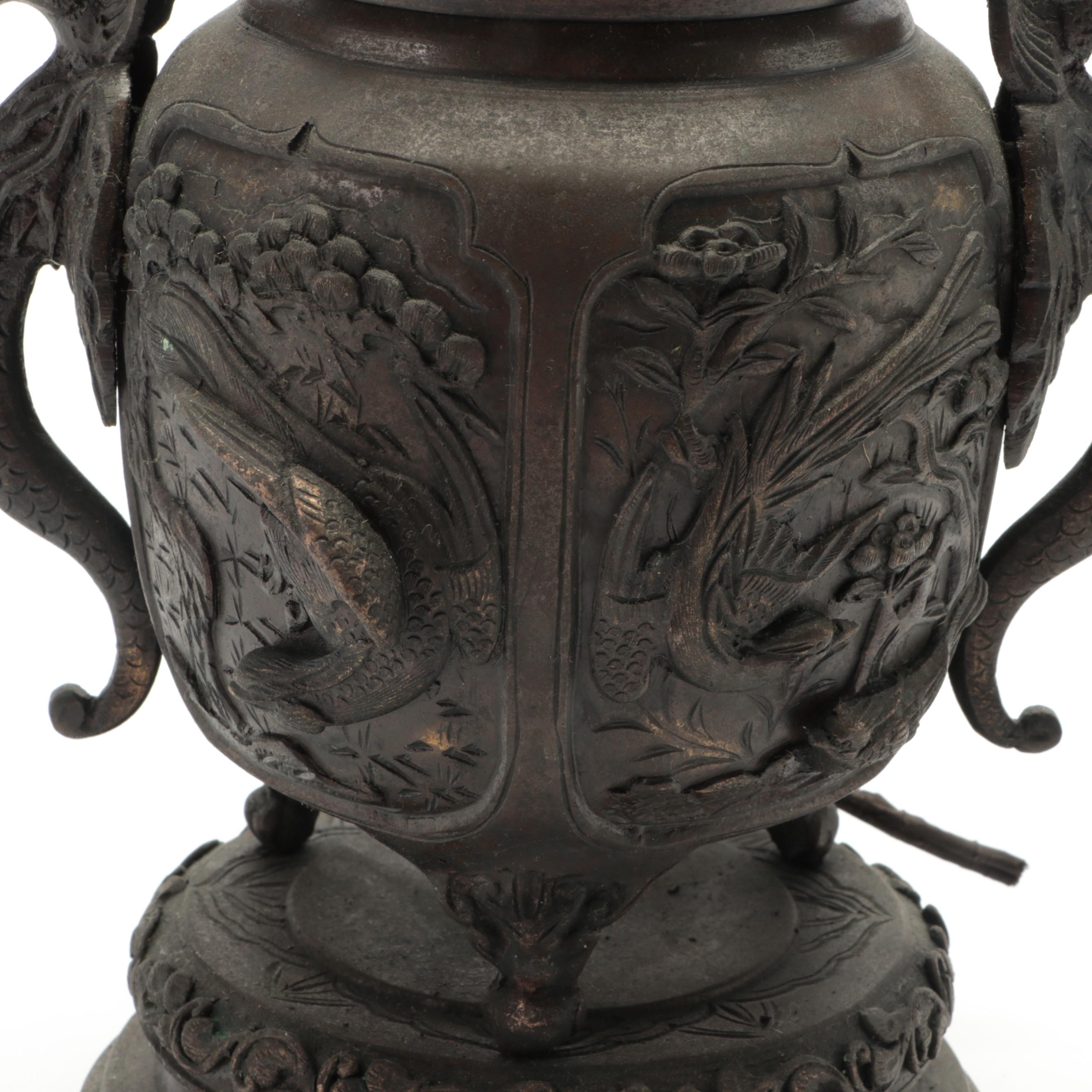 Japanese Bas-Relief Bronze Censer Table Lamp