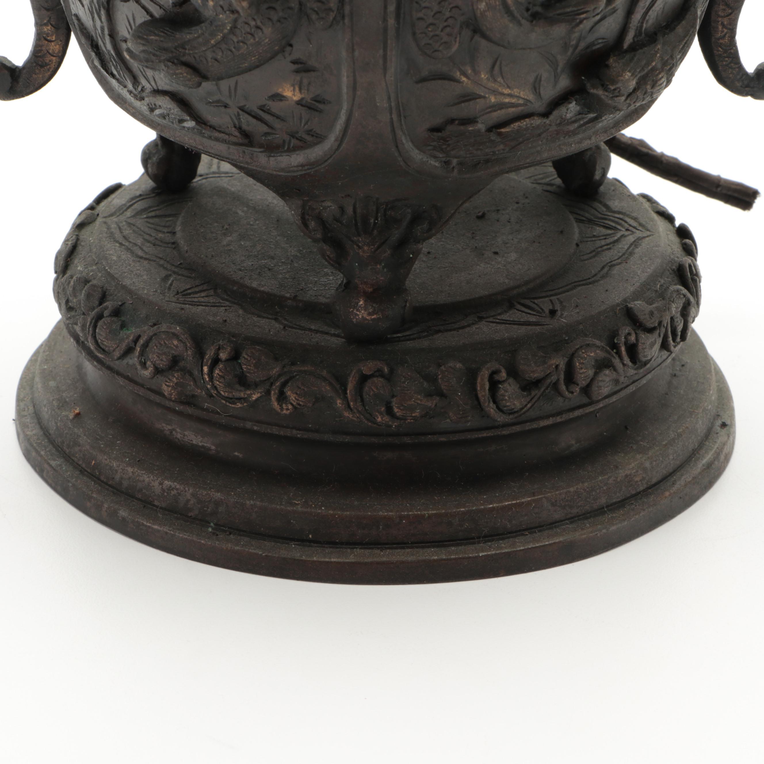 Japanese Bas-Relief Bronze Censer Table Lamp