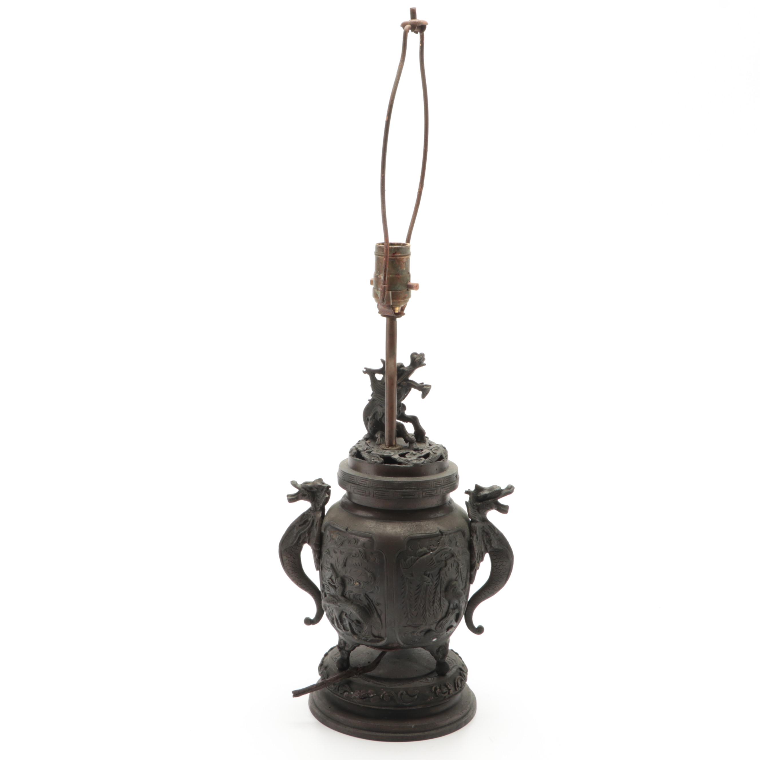 Japanese Bas-Relief Bronze Censer Table Lamp