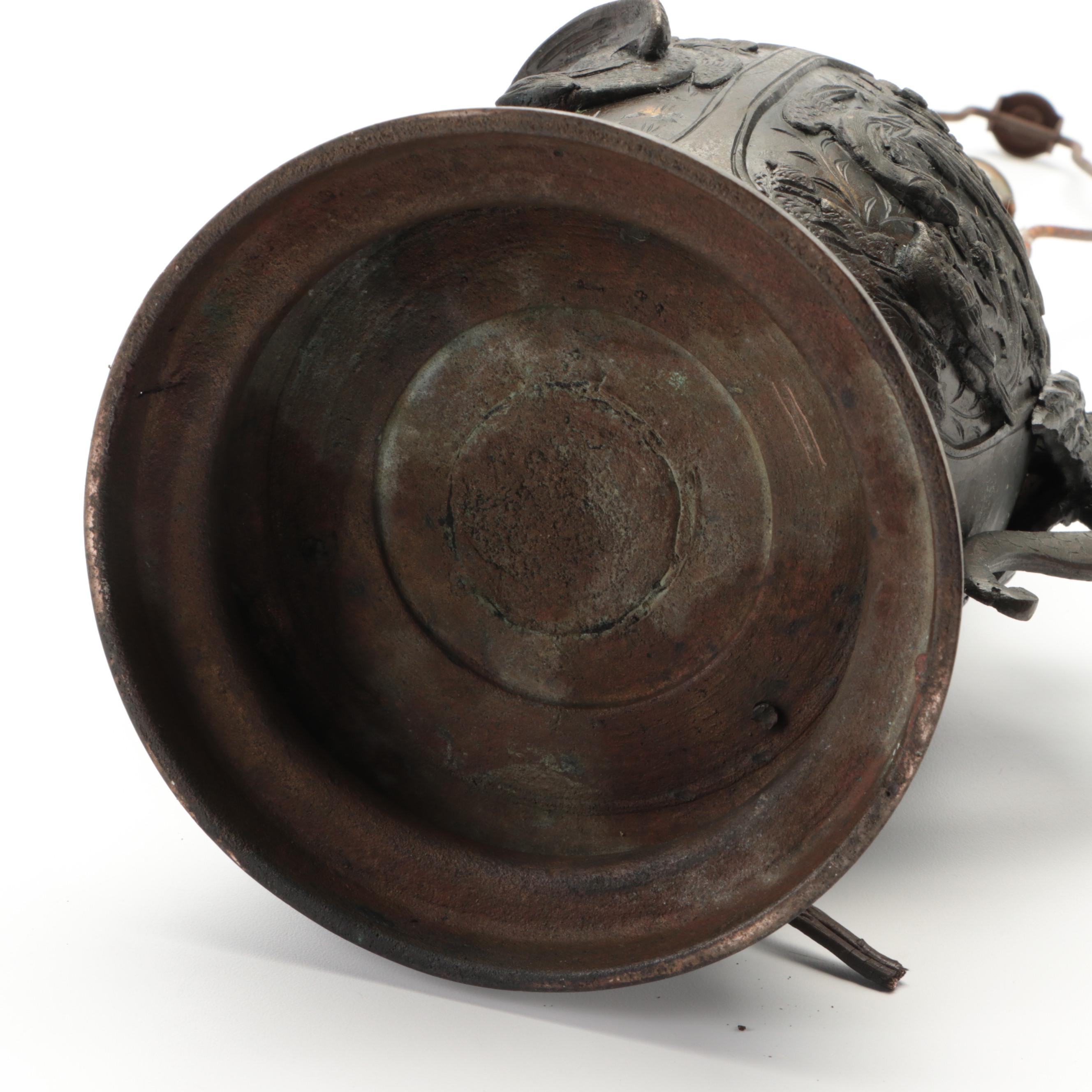 Japanese Bas-Relief Bronze Censer Table Lamp