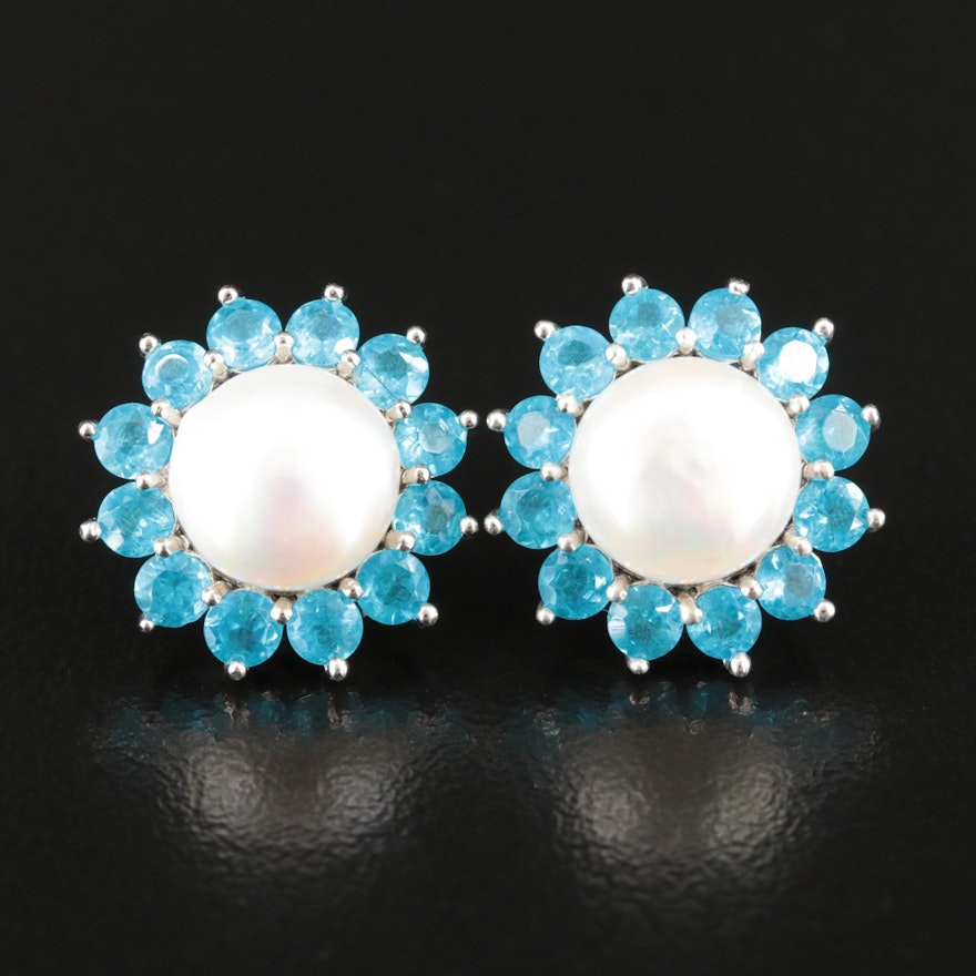 Sterling Pearl and Apatite Button Earrings