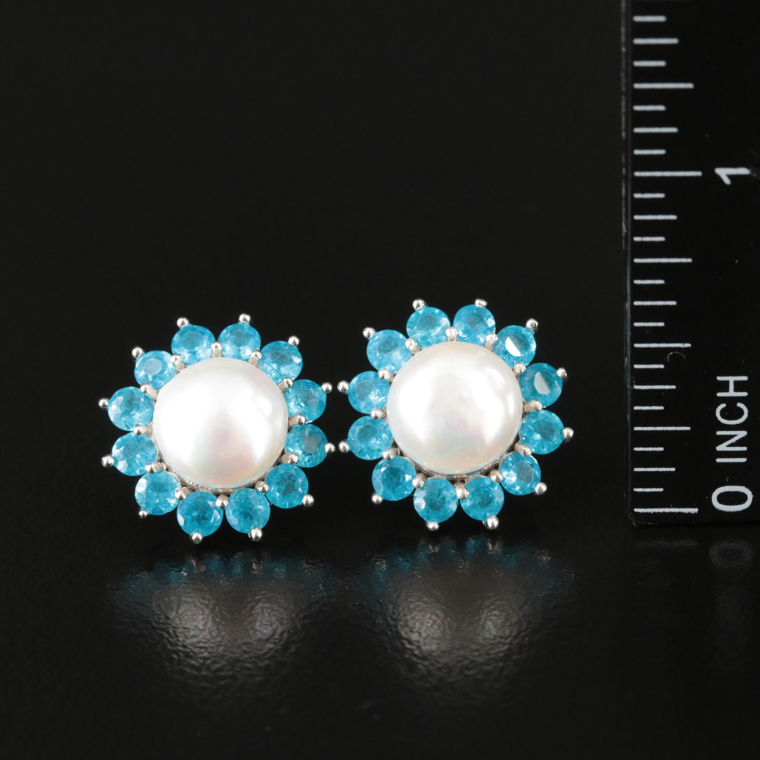 Sterling Pearl and Apatite Button Earrings