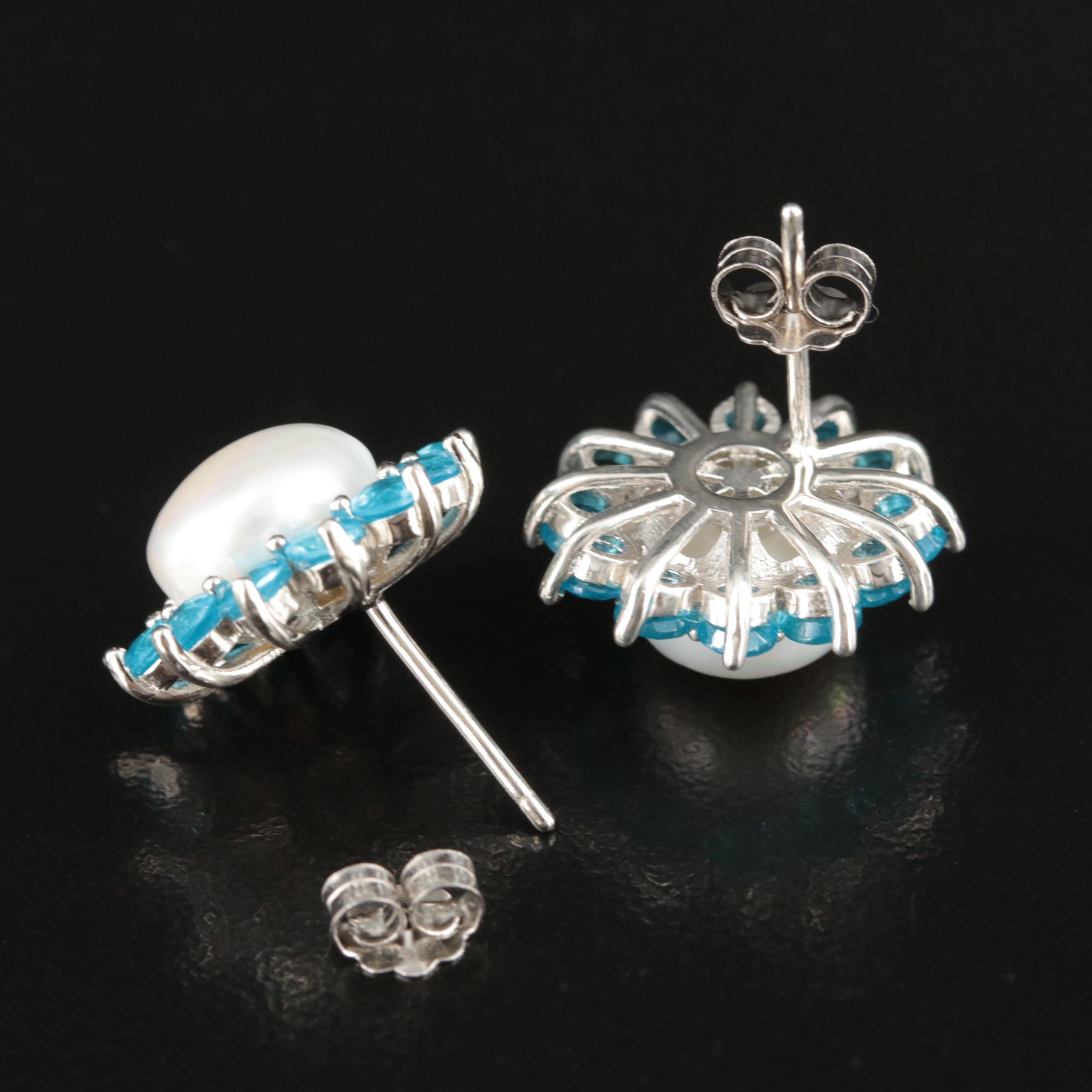 Sterling Pearl and Apatite Button Earrings