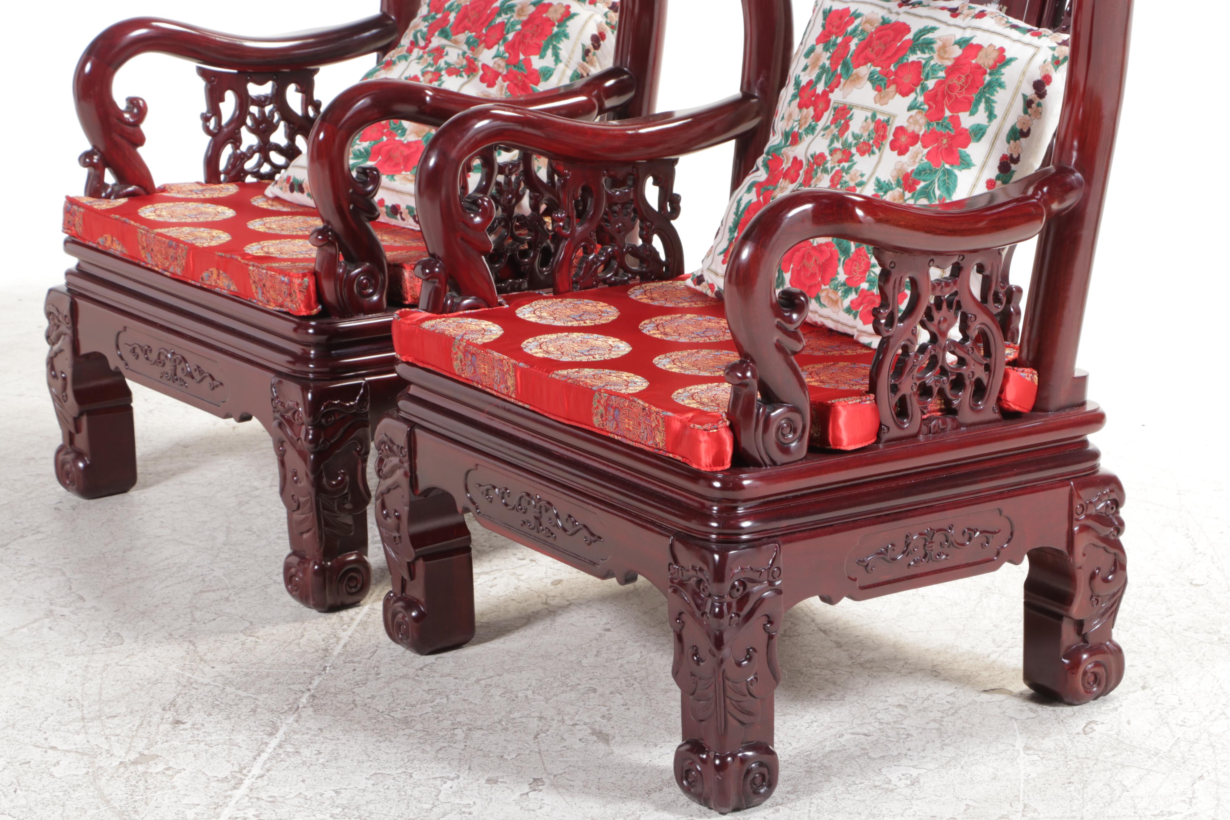 Pair of Chinese Carved Hardwood and Mother-of-Pearl Inlaid Armchairs