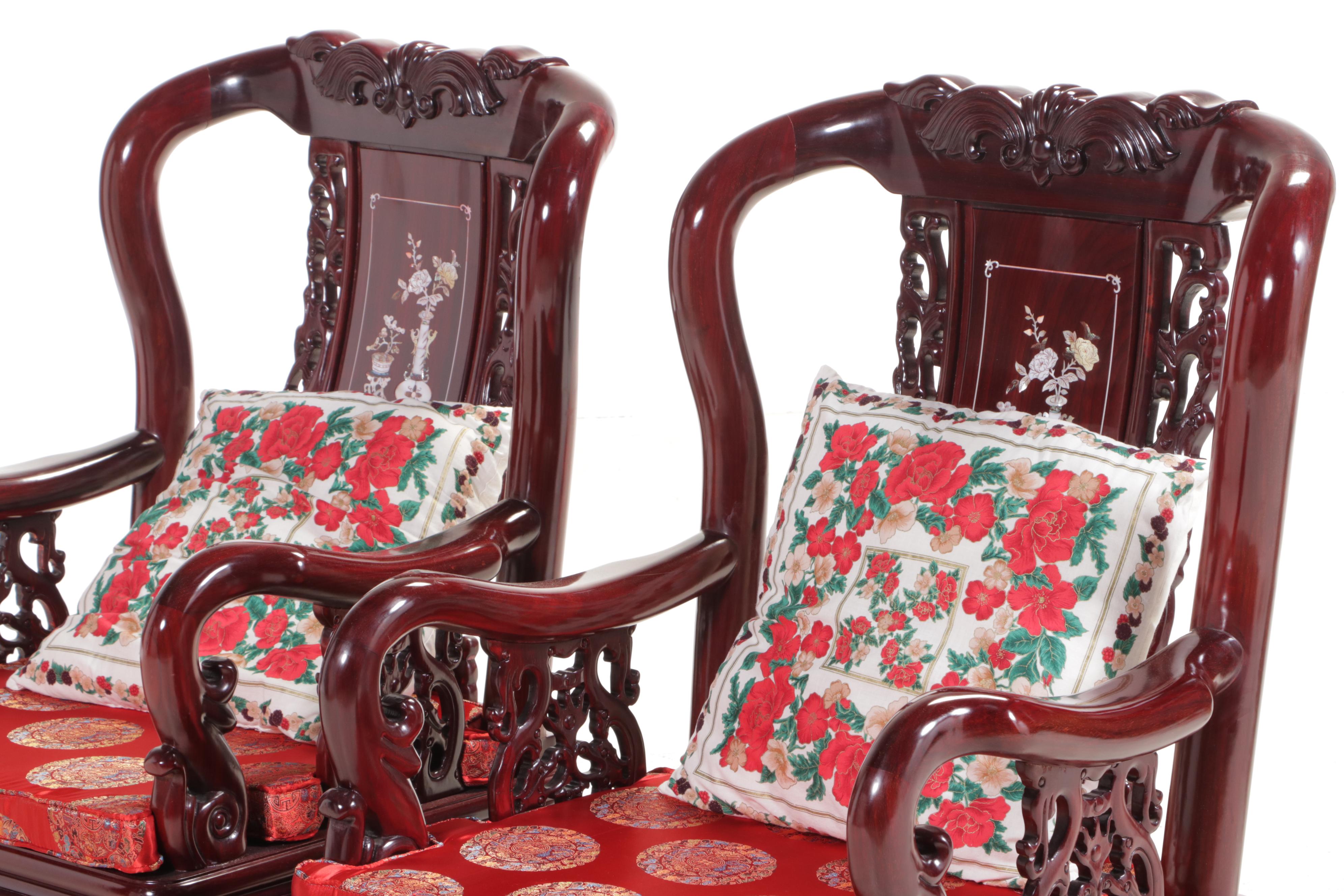 Pair of Chinese Carved Hardwood and Mother-of-Pearl Inlaid Armchairs