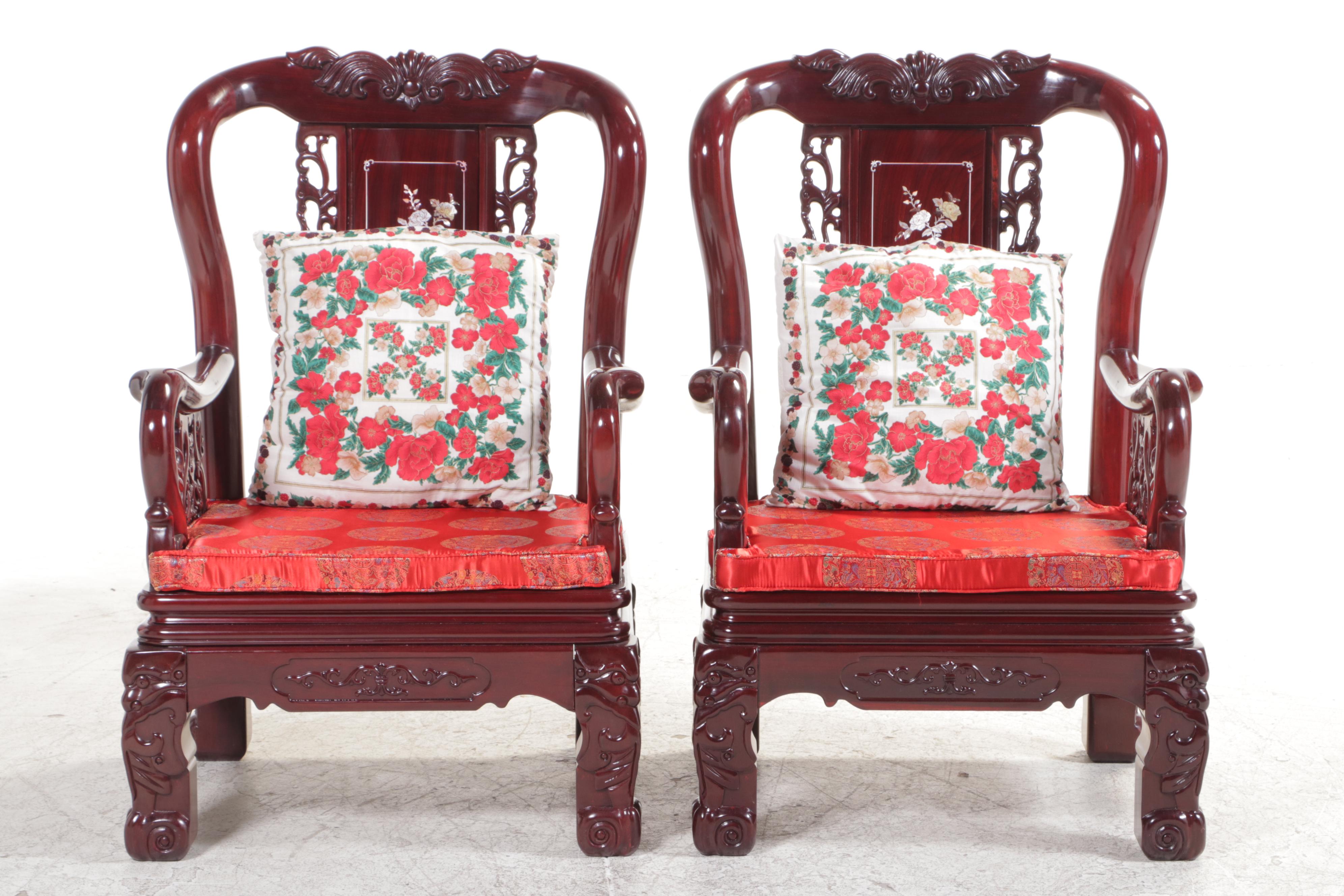 Pair of Chinese Carved Hardwood and Mother-of-Pearl Inlaid Armchairs