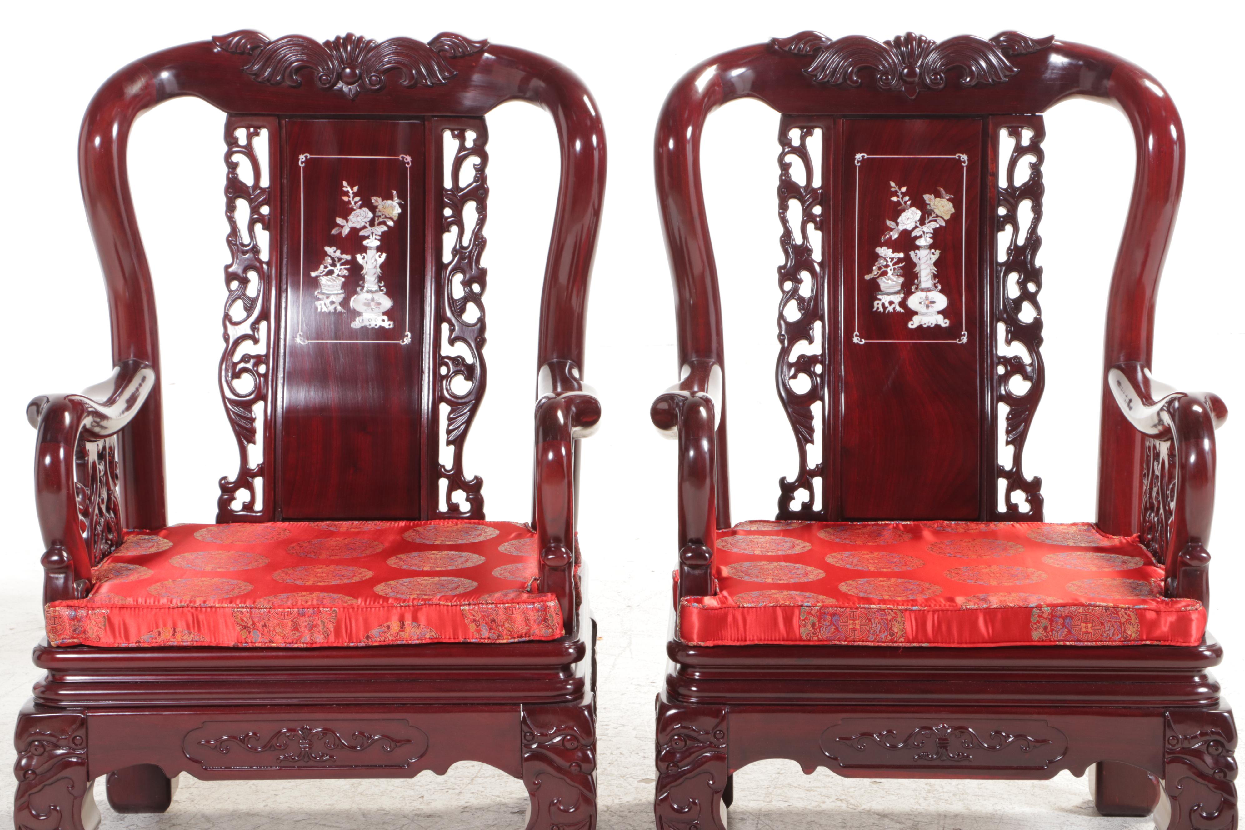 Pair of Chinese Carved Hardwood and Mother-of-Pearl Inlaid Armchairs