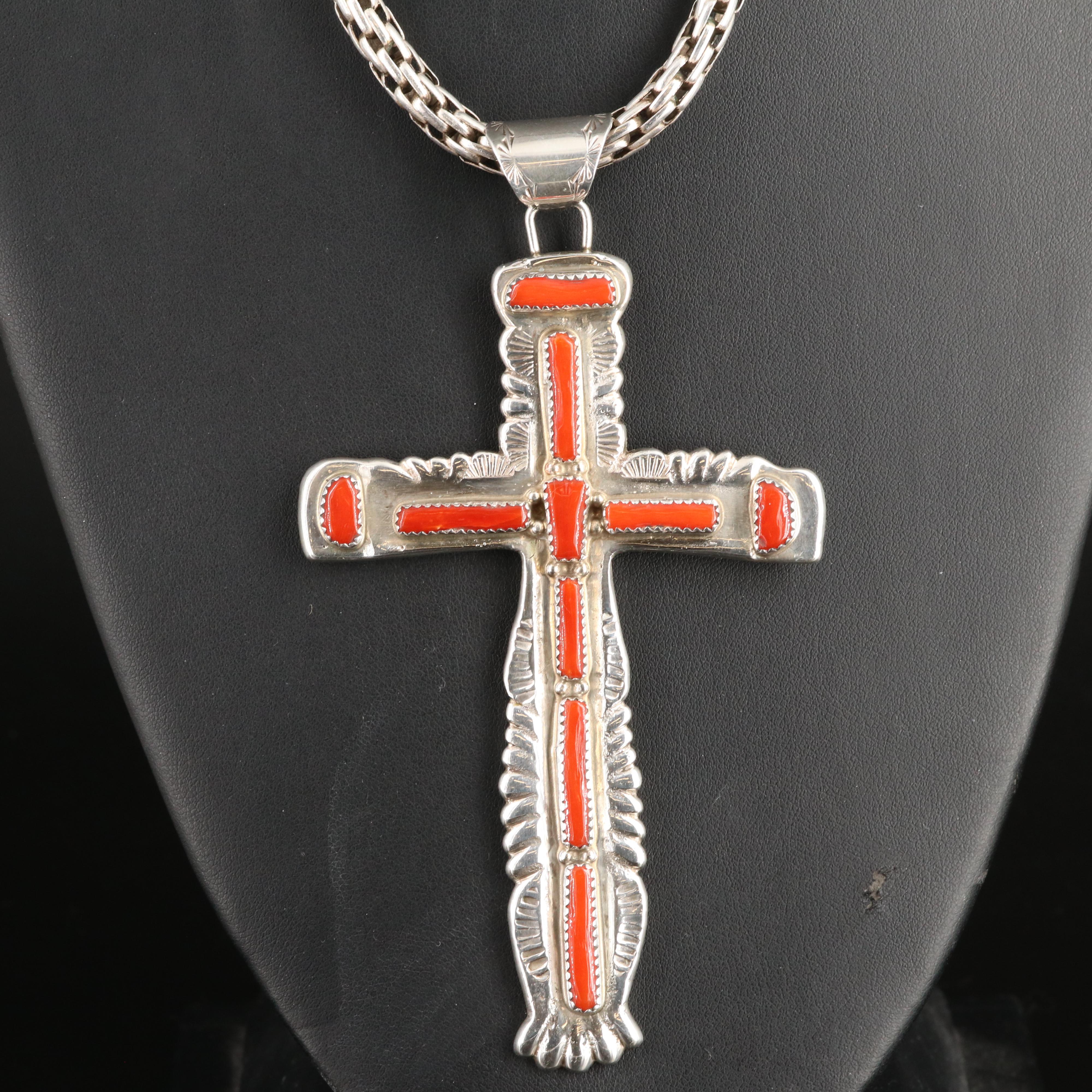 Cecilia Iule Zuni Sterling Coral Cross Necklace