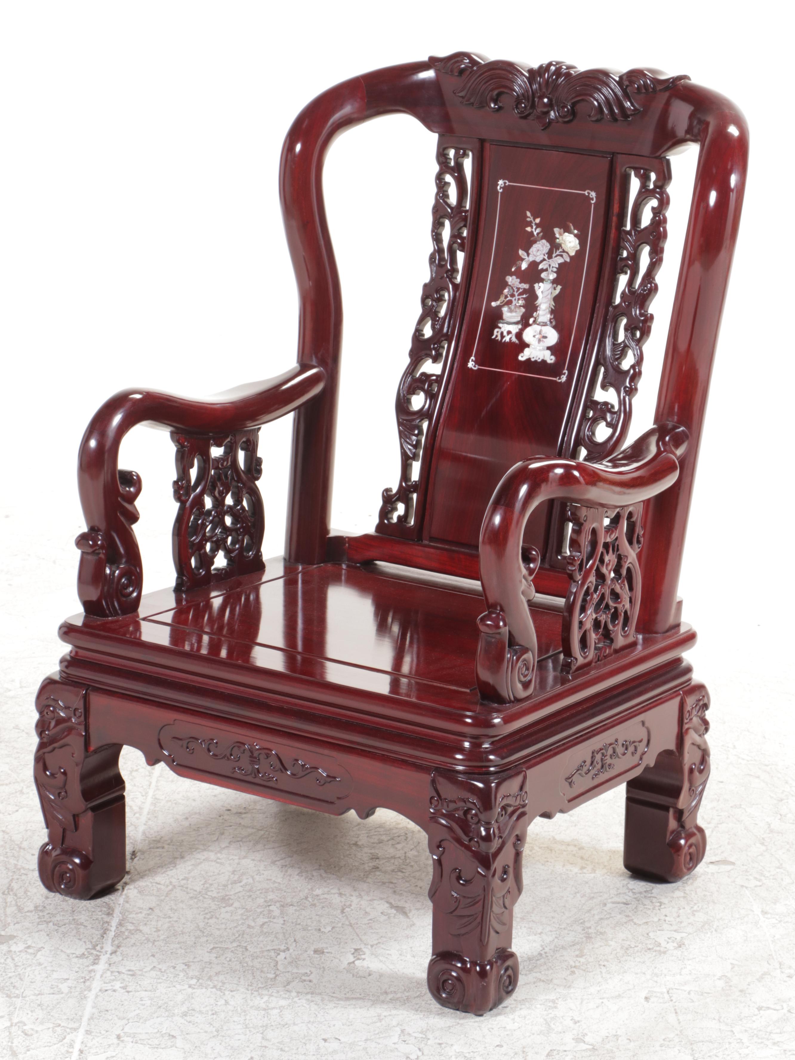 Pair of Chinese Carved Hardwood and Mother-of-Pearl Inlaid Armchairs