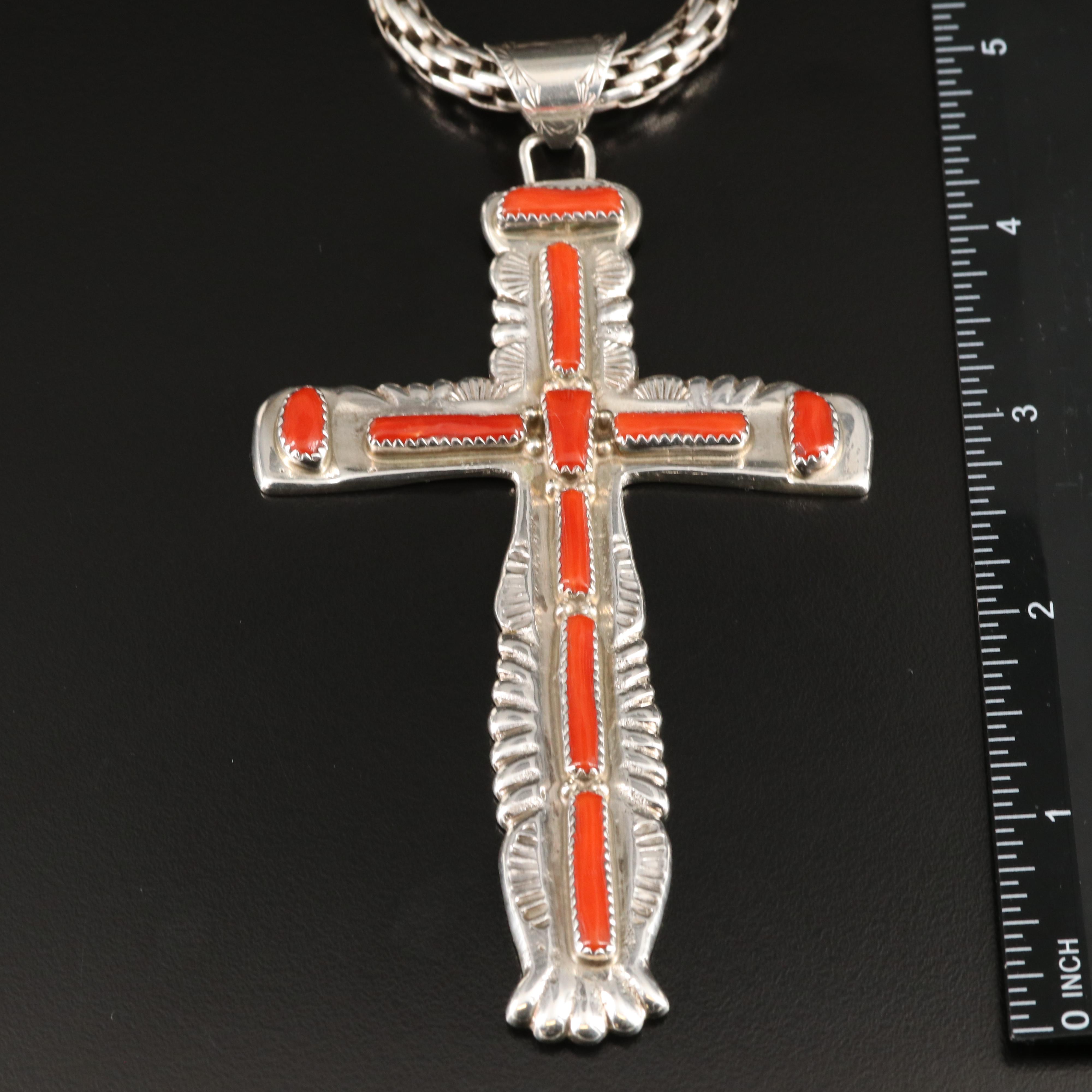 Cecilia Iule Zuni Sterling Coral Cross Necklace