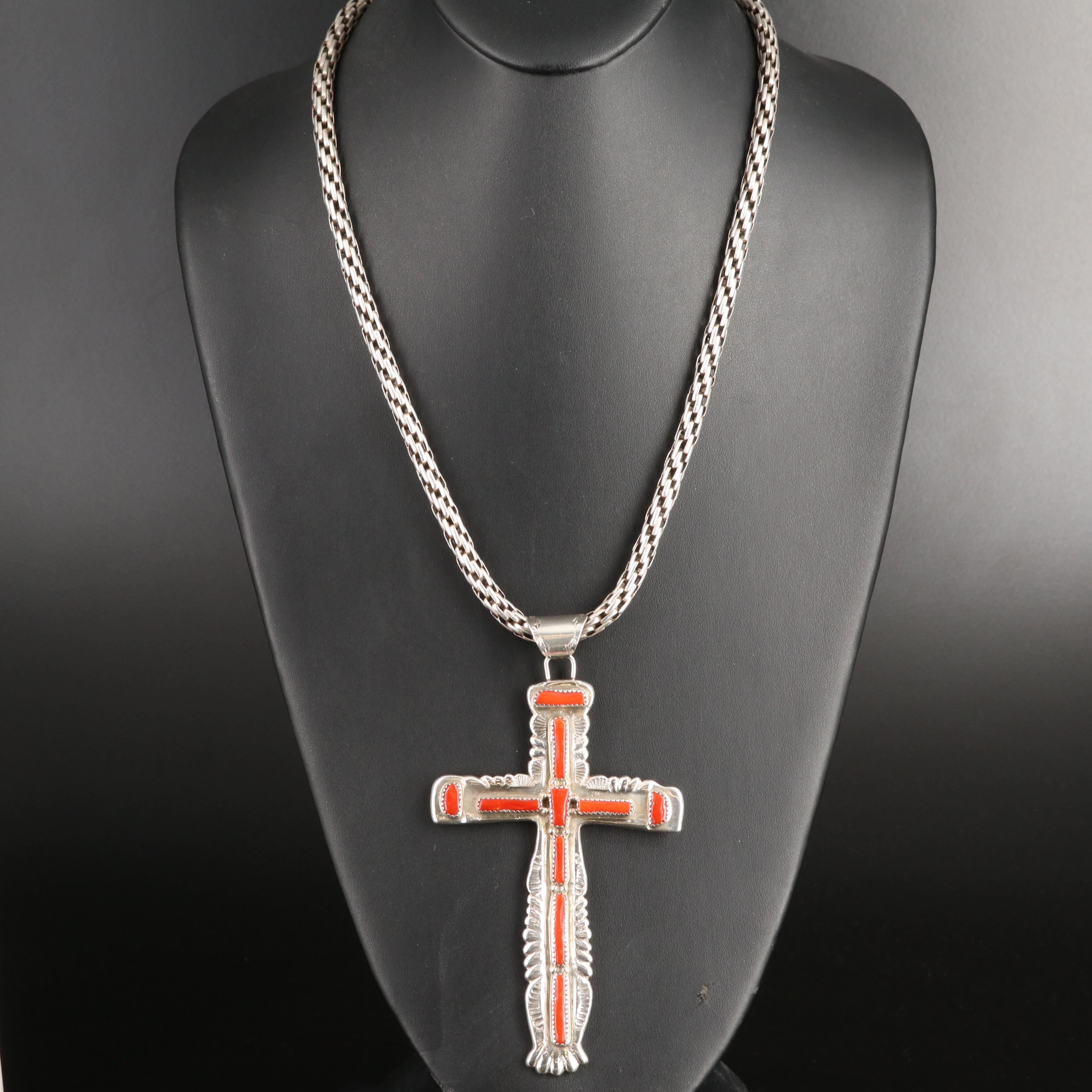 Cecilia Iule Zuni Sterling Coral Cross Necklace