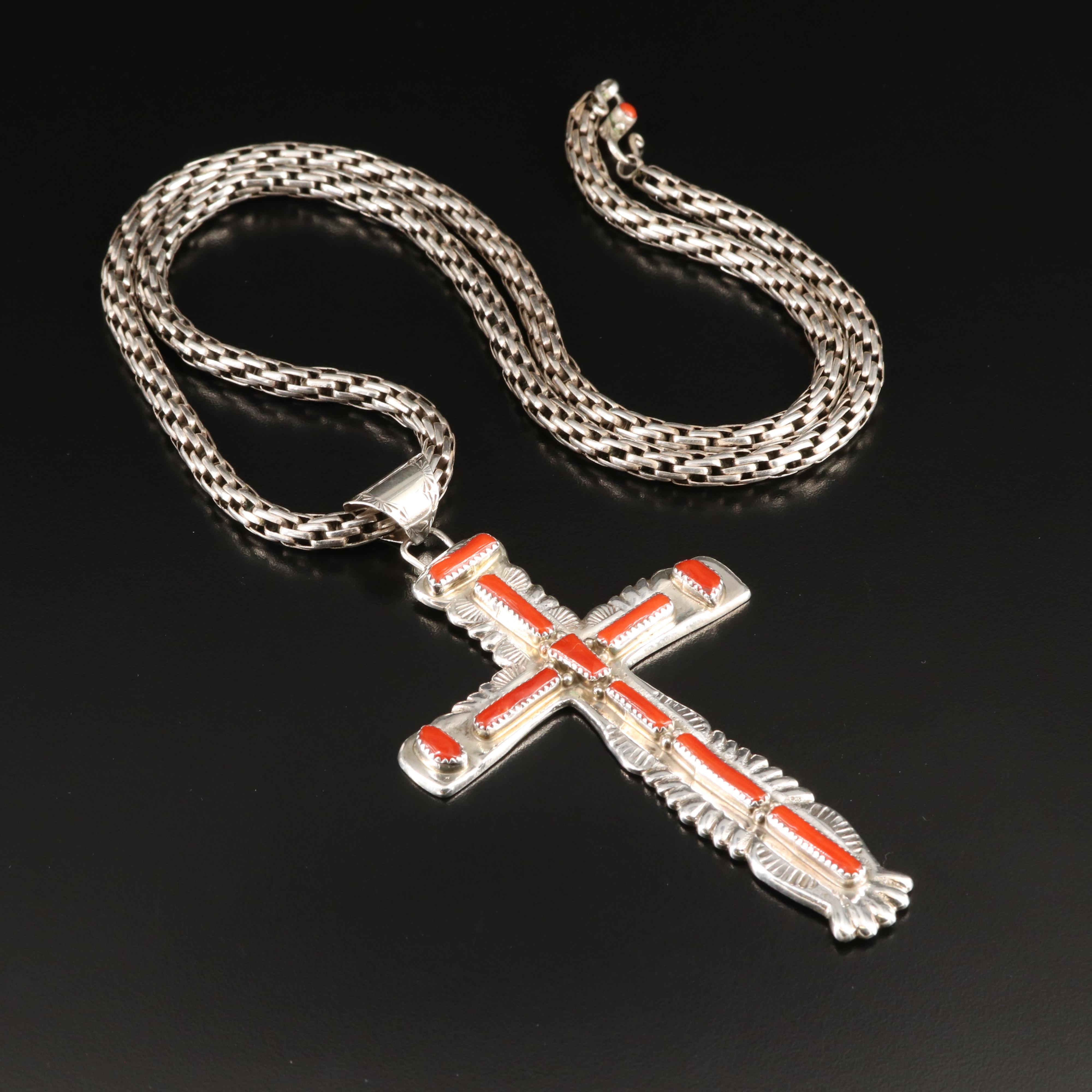 Cecilia Iule Zuni Sterling Coral Cross Necklace