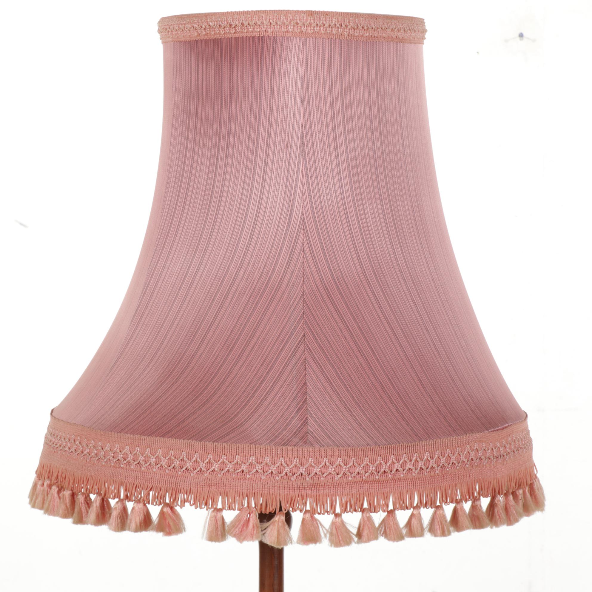 Turned Wood Floor Lamp Pair With Tasseled Lampshades, Mid-20th Century