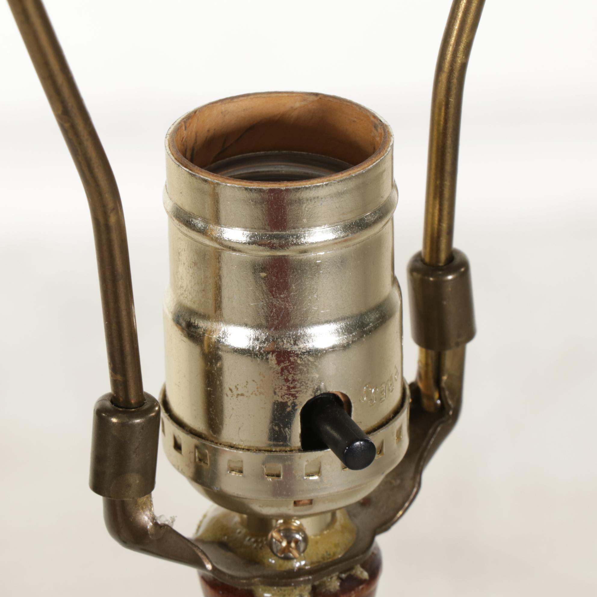 Turned Wood Floor Lamp Pair With Tasseled Lampshades, Mid-20th Century