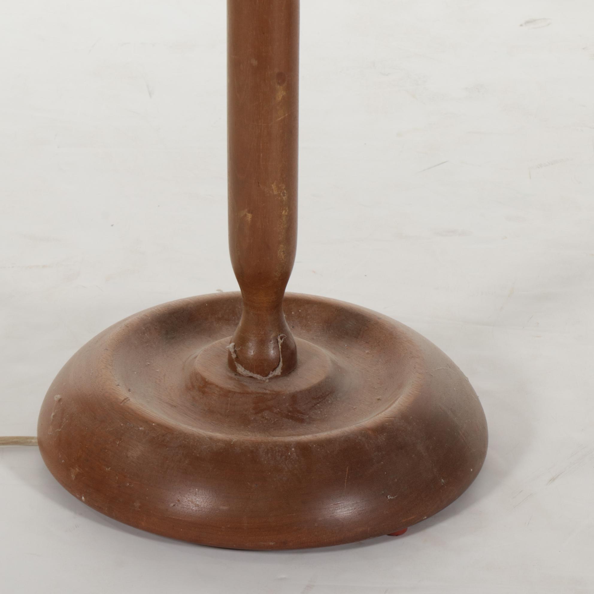 Turned Wood Floor Lamp Pair With Tasseled Lampshades, Mid-20th Century