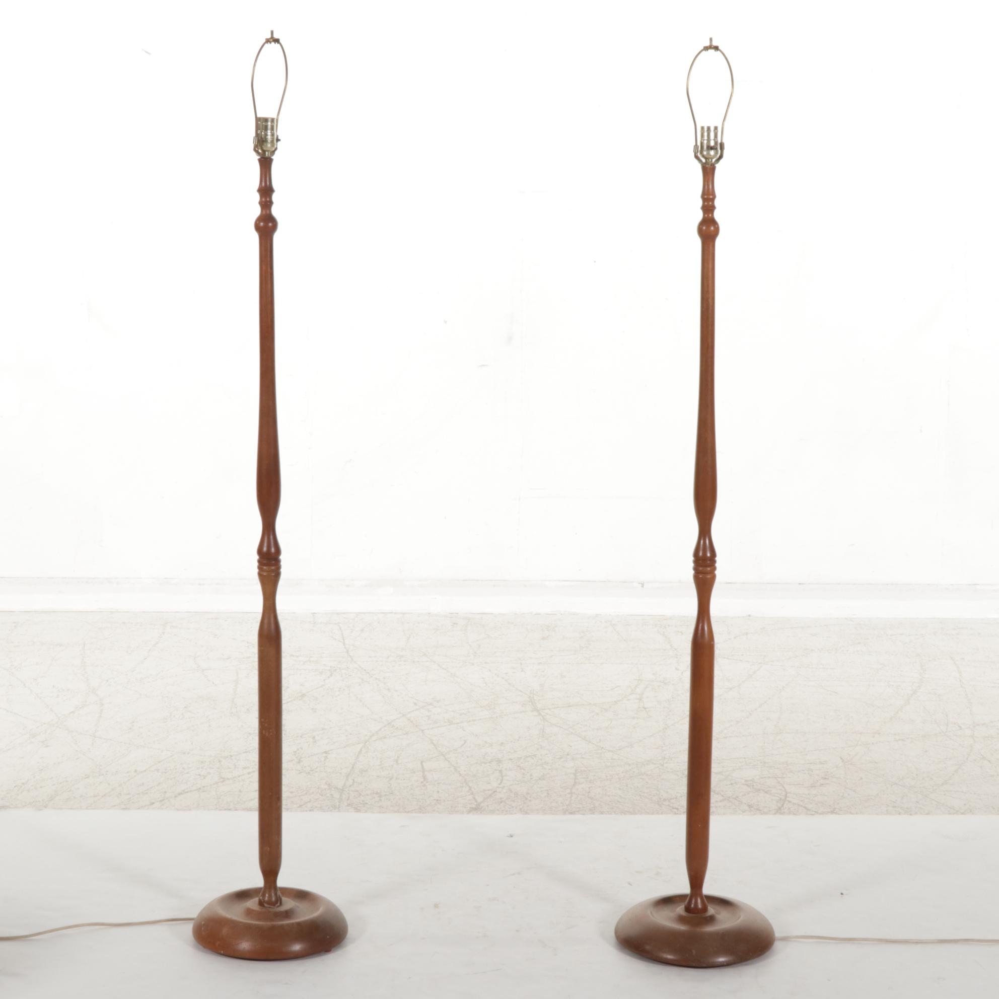 Turned Wood Floor Lamp Pair With Tasseled Lampshades, Mid-20th Century