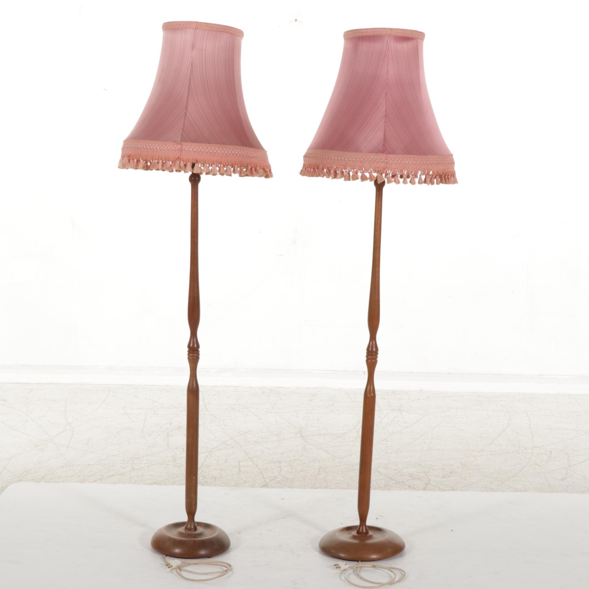 Turned Wood Floor Lamp Pair With Tasseled Lampshades, Mid-20th Century