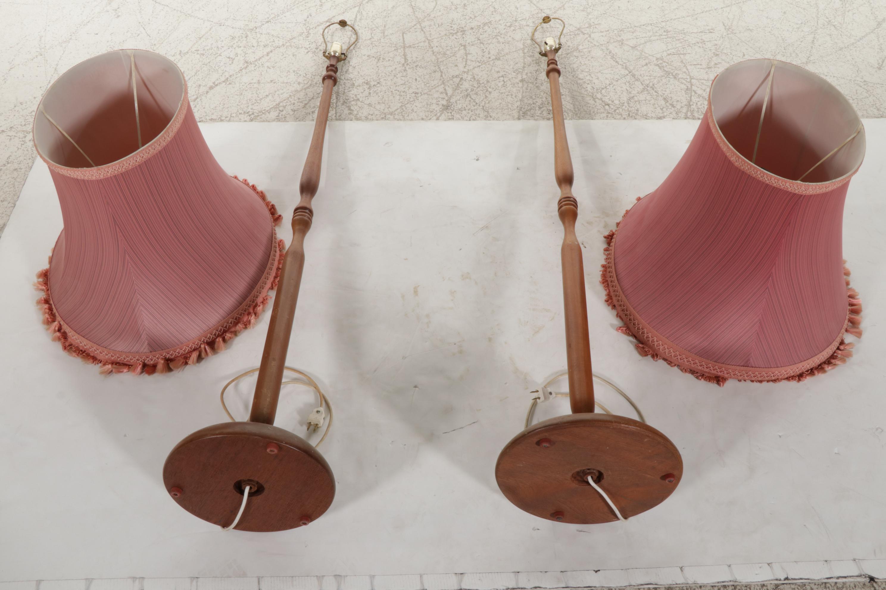 Turned Wood Floor Lamp Pair With Tasseled Lampshades, Mid-20th Century