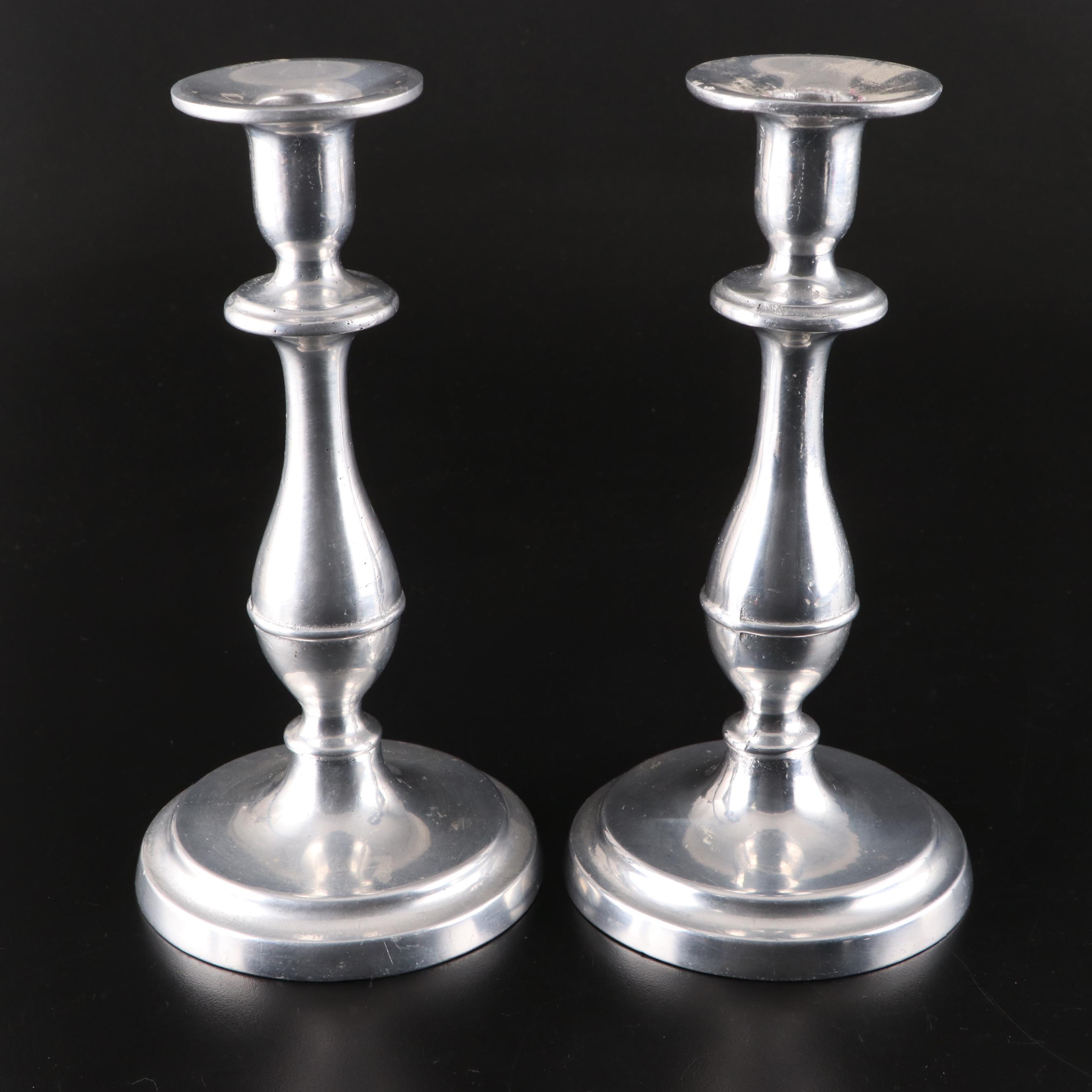 Wilton Pewter Candlesticks with Neiman-Marcus Tobacco Leaf Porcelain Bowl