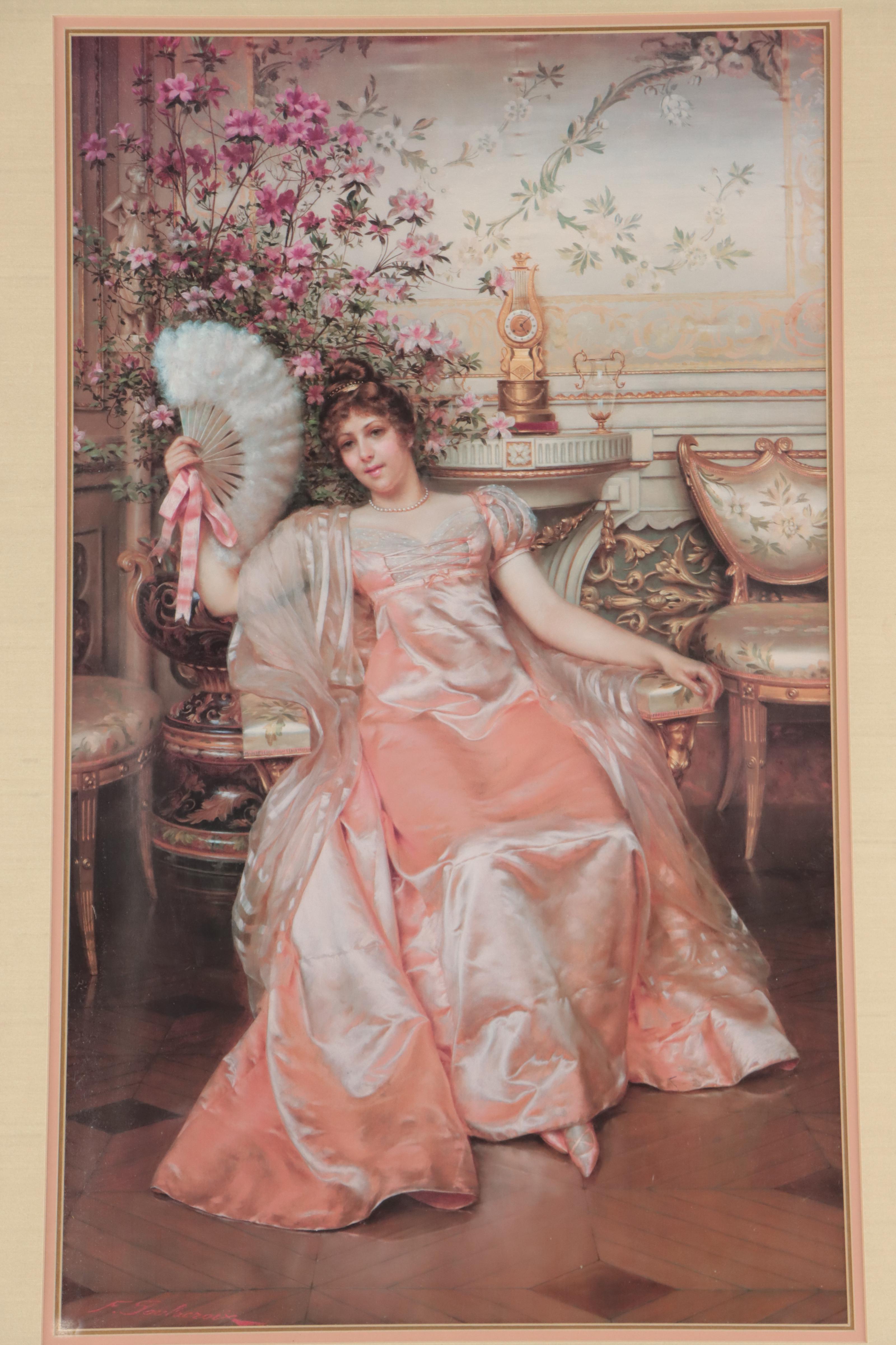 Offset Lithograph of Woman With Fan After Frederic Soulacroix