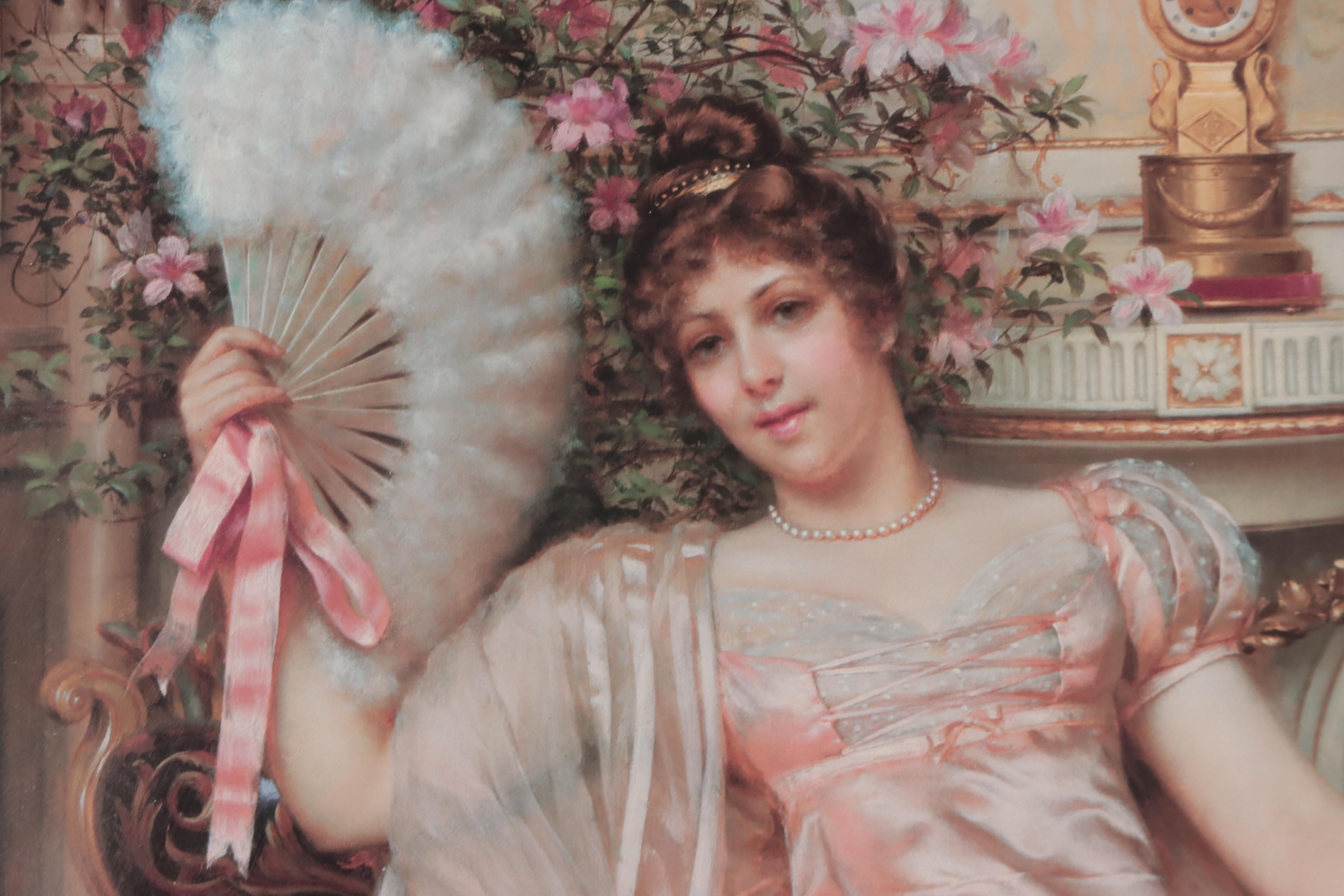 Offset Lithograph of Woman With Fan After Frederic Soulacroix