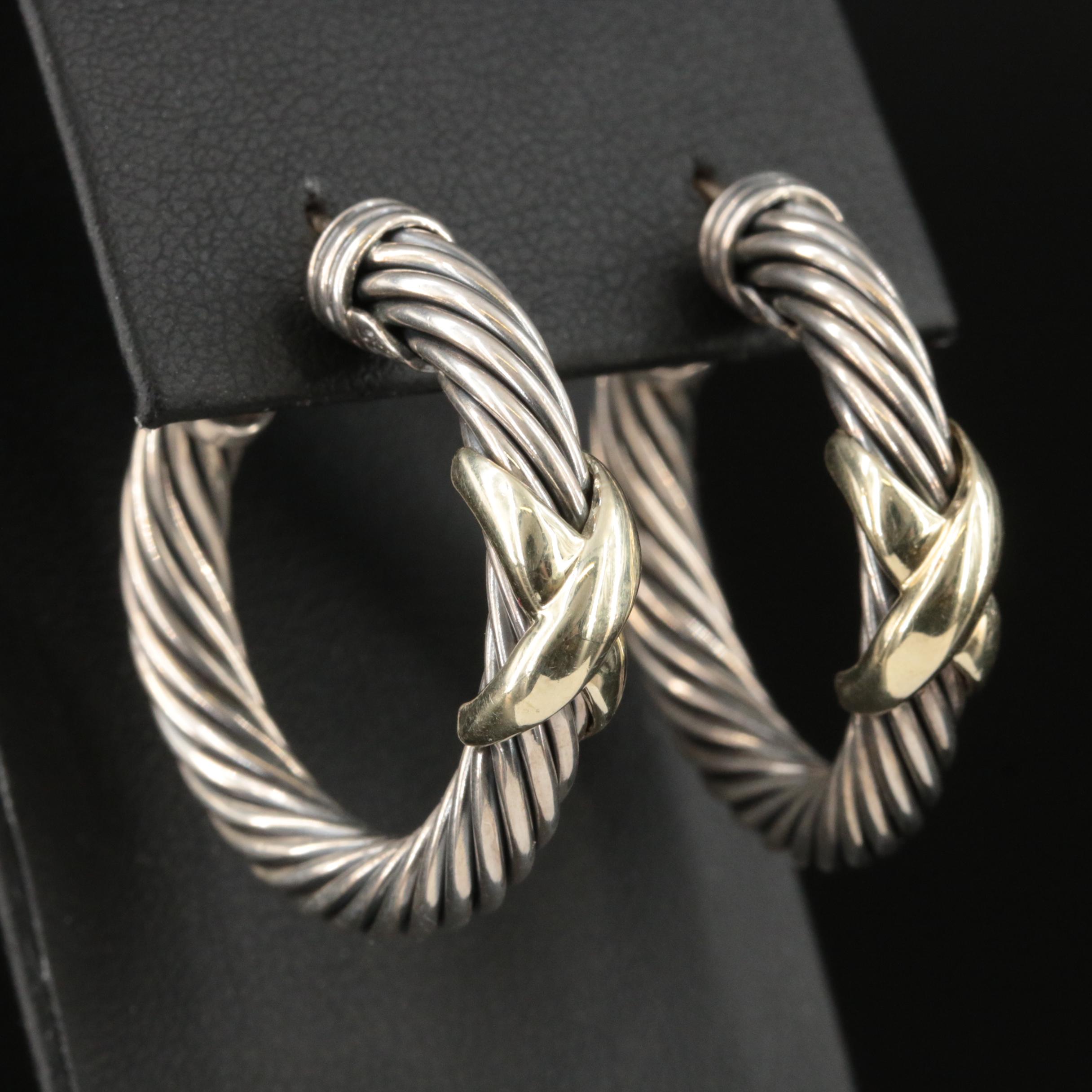David Yurman "Classic Cable X" Sterling Hoop Earrings with 14K Accents