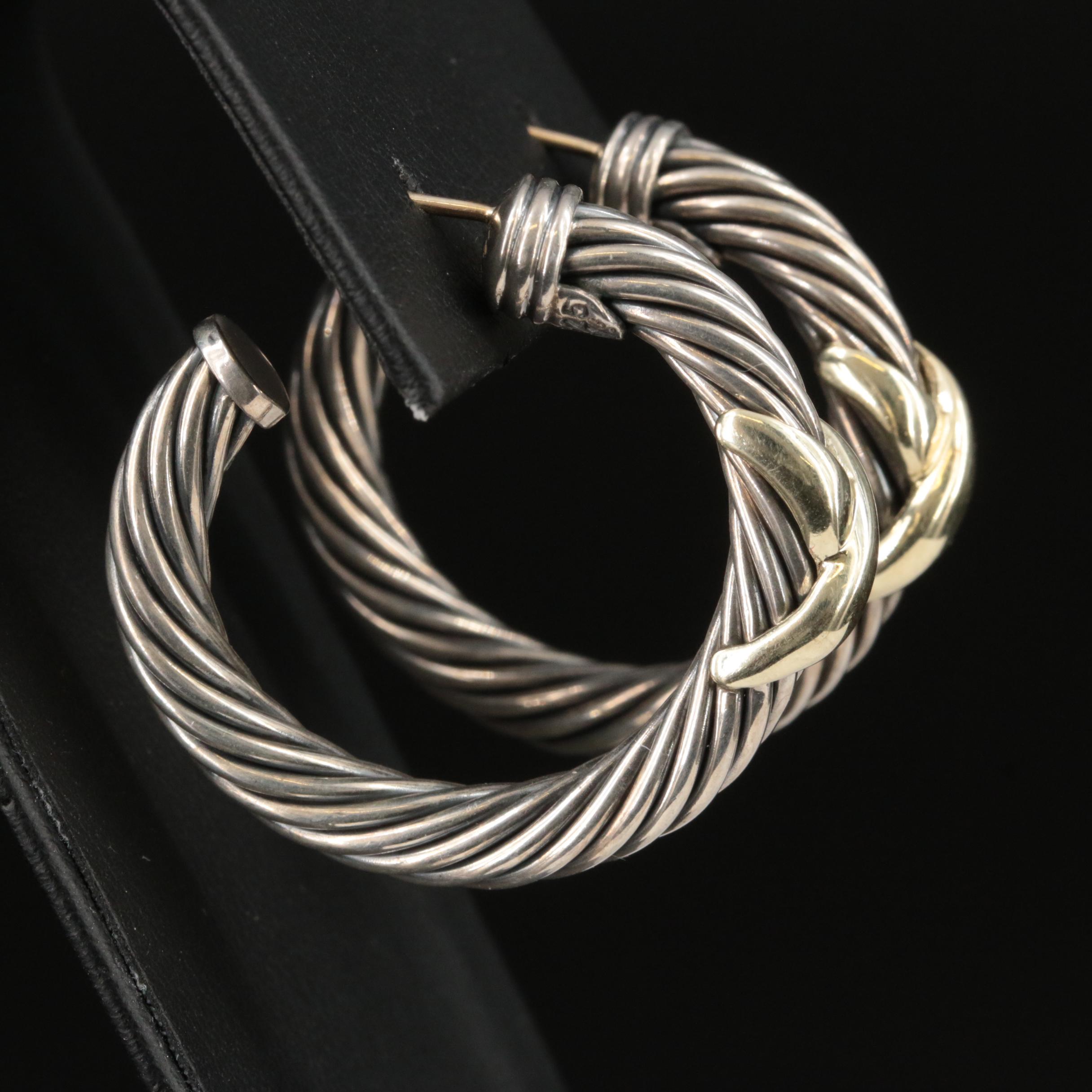 David Yurman "Classic Cable X" Sterling Hoop Earrings with 14K Accents