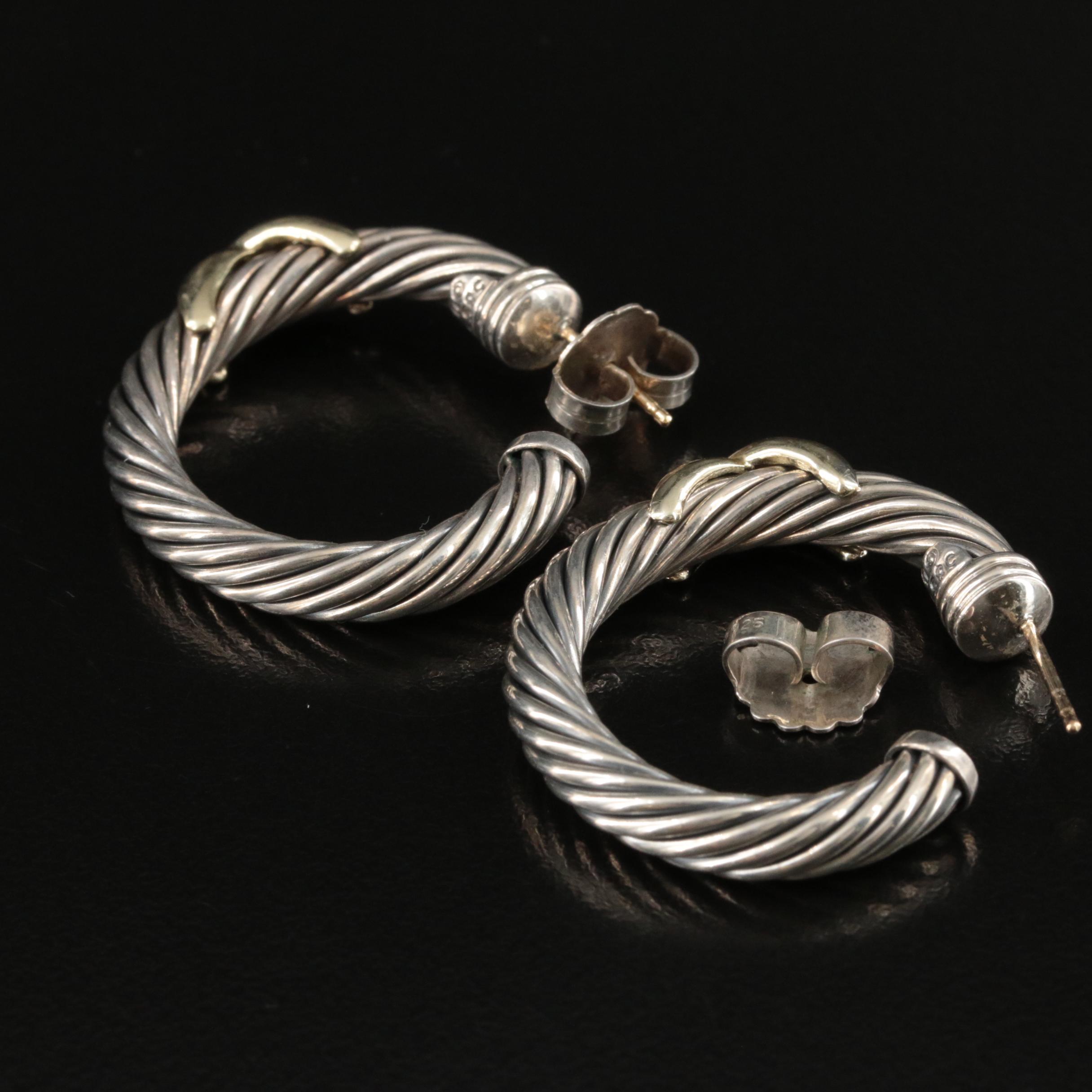David Yurman "Classic Cable X" Sterling Hoop Earrings with 14K Accents