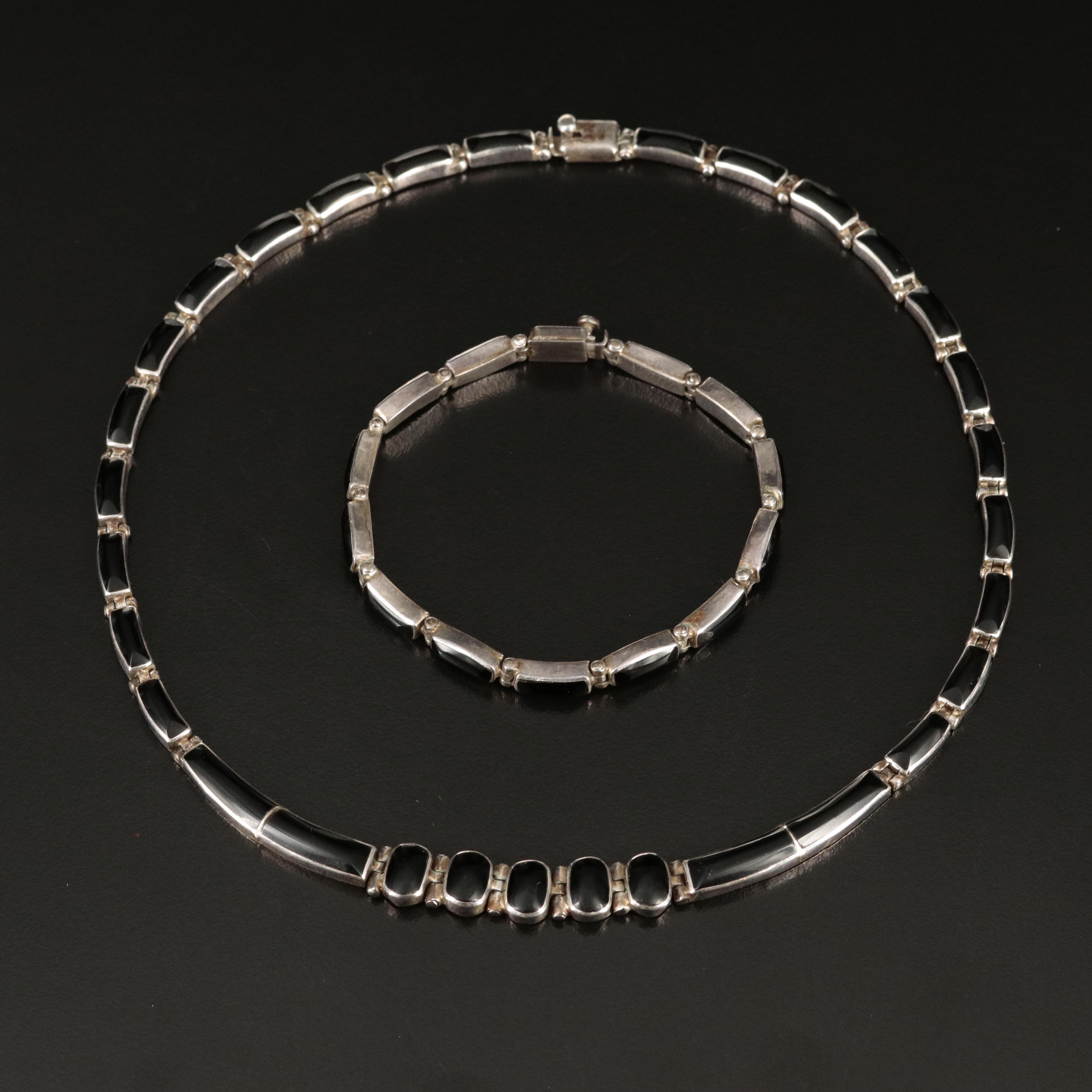 Mexican 950 Silver Faux Black Onyx Inlay Necklace and Bracelet Srt