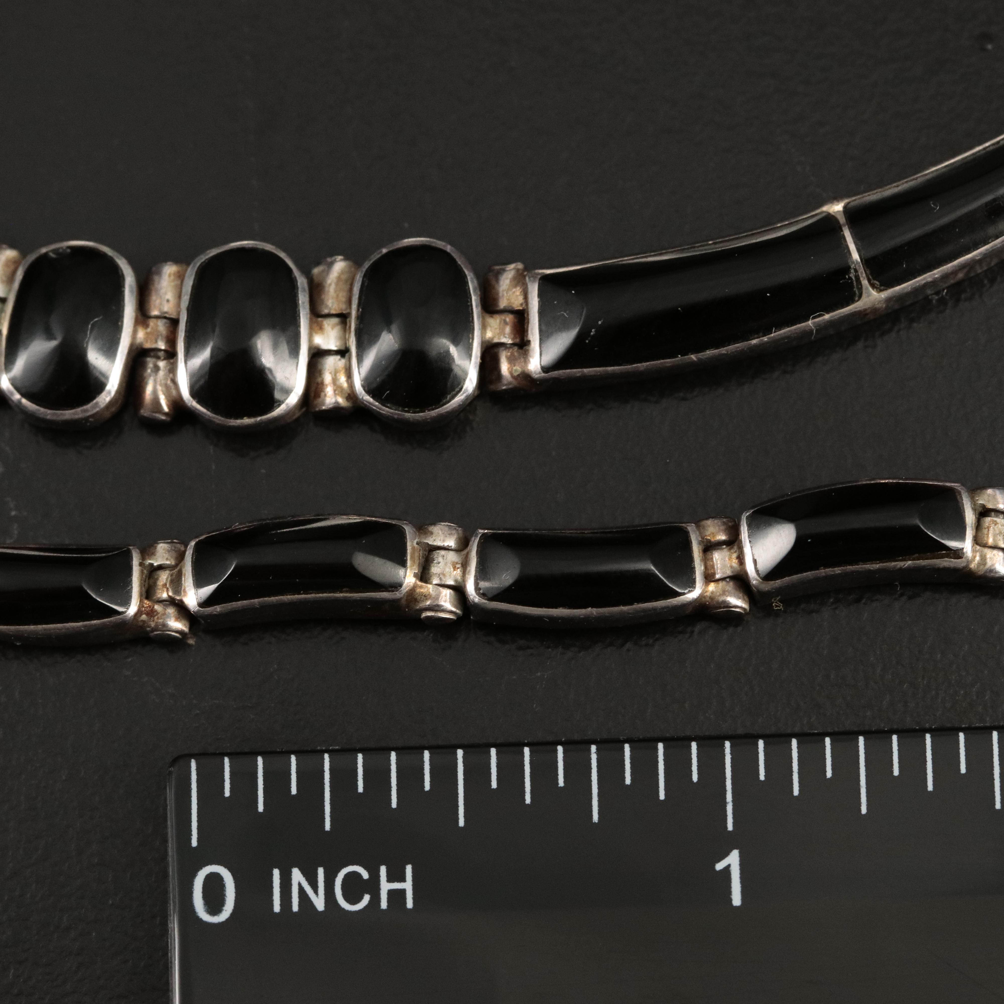 Mexican 950 Silver Faux Black Onyx Inlay Necklace and Bracelet Srt