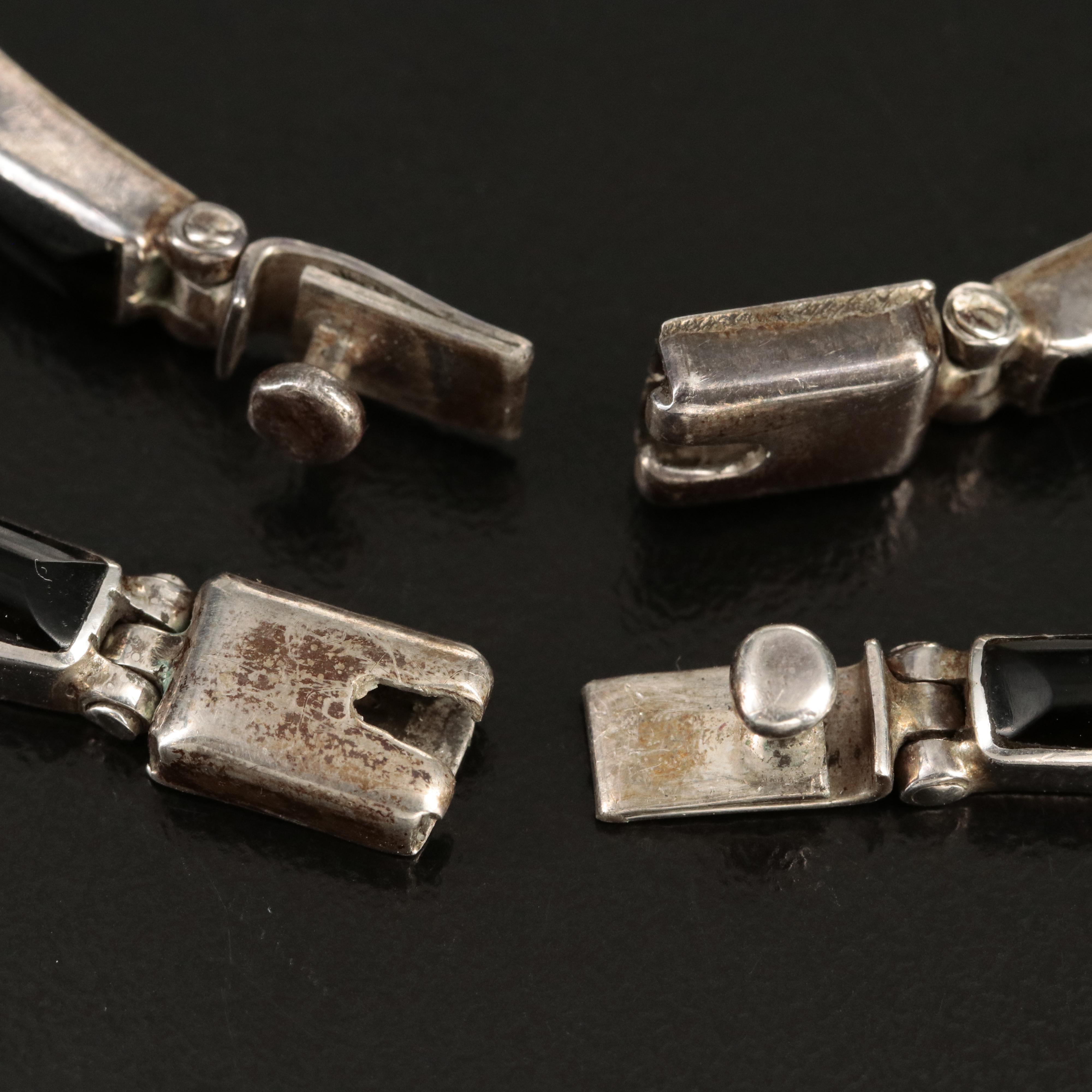 Mexican 950 Silver Faux Black Onyx Inlay Necklace and Bracelet Srt