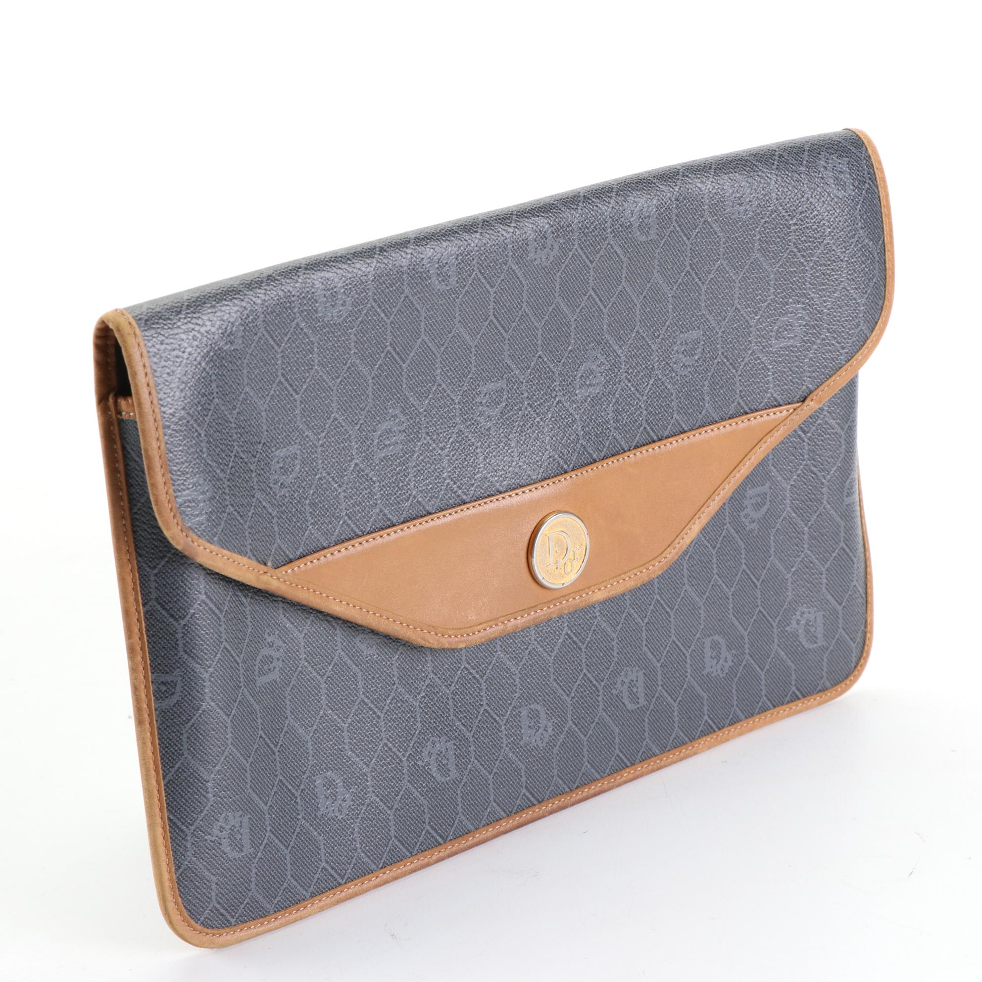 Christian Dior Honeycomb Coated Canvas Clutch with Leather Trim