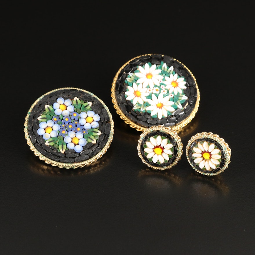 Floral Micromosaic Brooches and Earrings